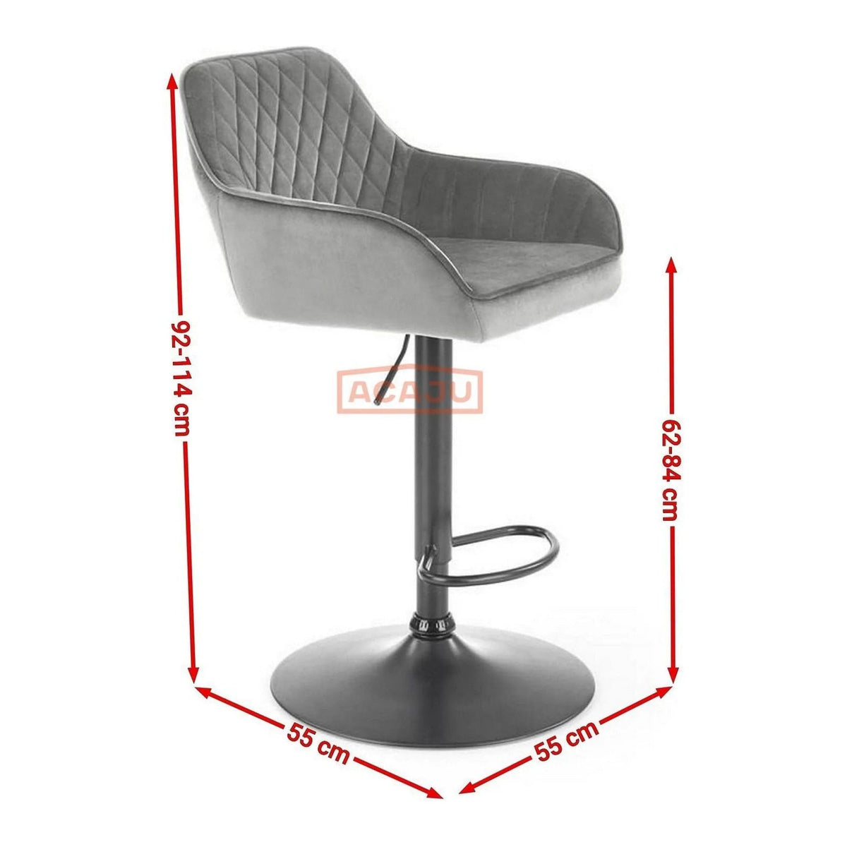 Scaun bar H103, gri - Bluvel 14/negru, stofa catifelata/otel, 55x55x92/114 cm