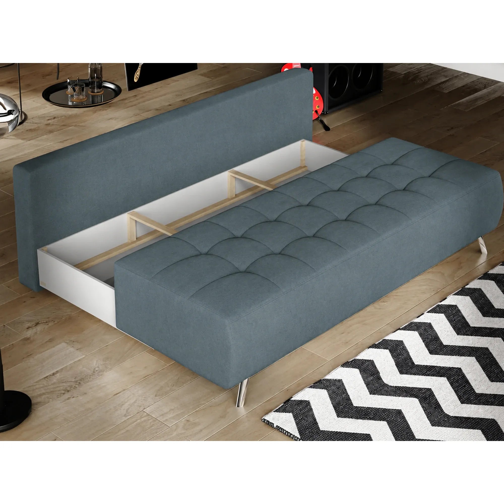Canapea extensibila OSLO, stofa catifelata turcoaz inchis - Riviera 87, cu lada depozitare, 197x94x90 cm