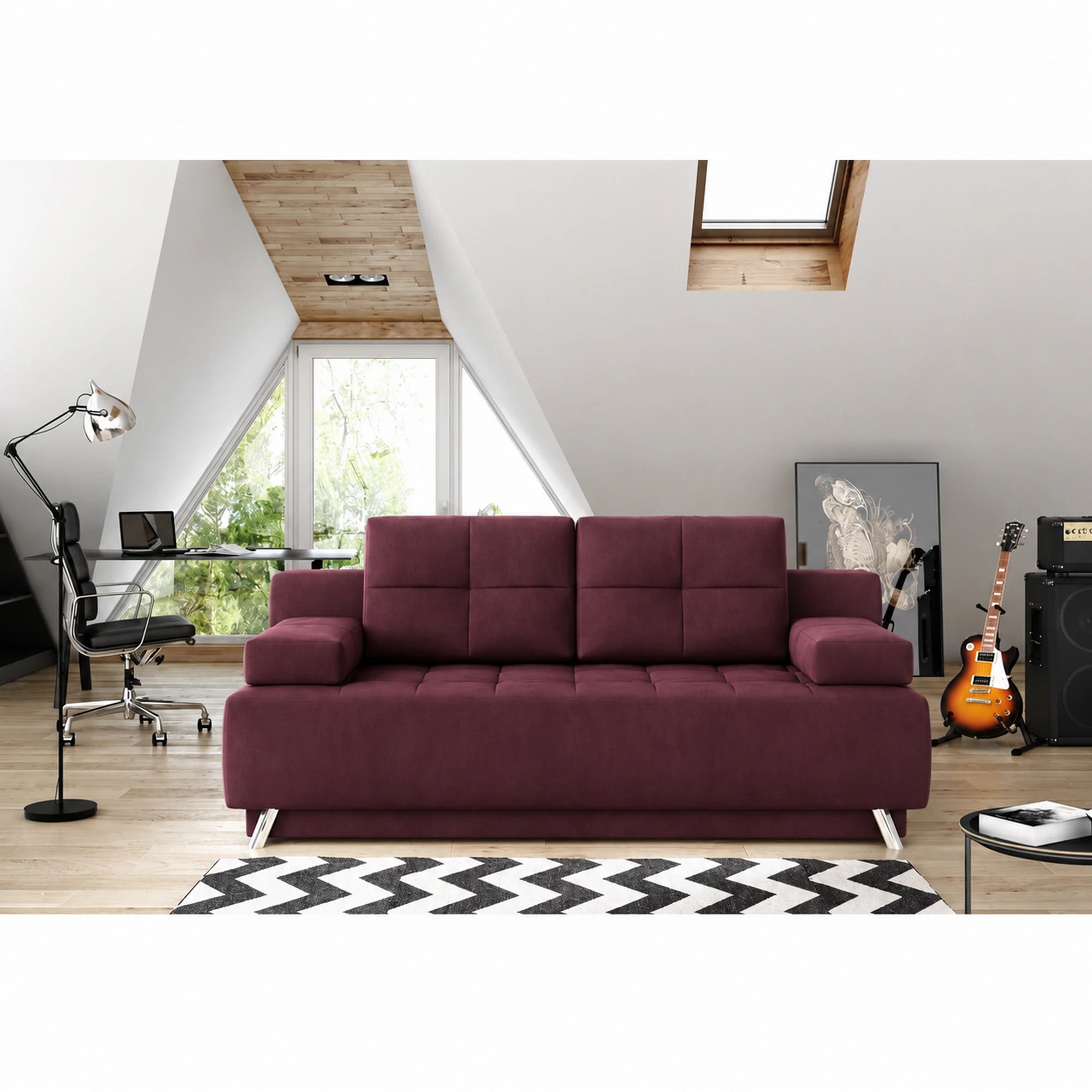 Canapea dubla extensibila OSLO, stofa catifelata visiniu - Monolith 69, cu lada depozitare, 197x94x90 cm