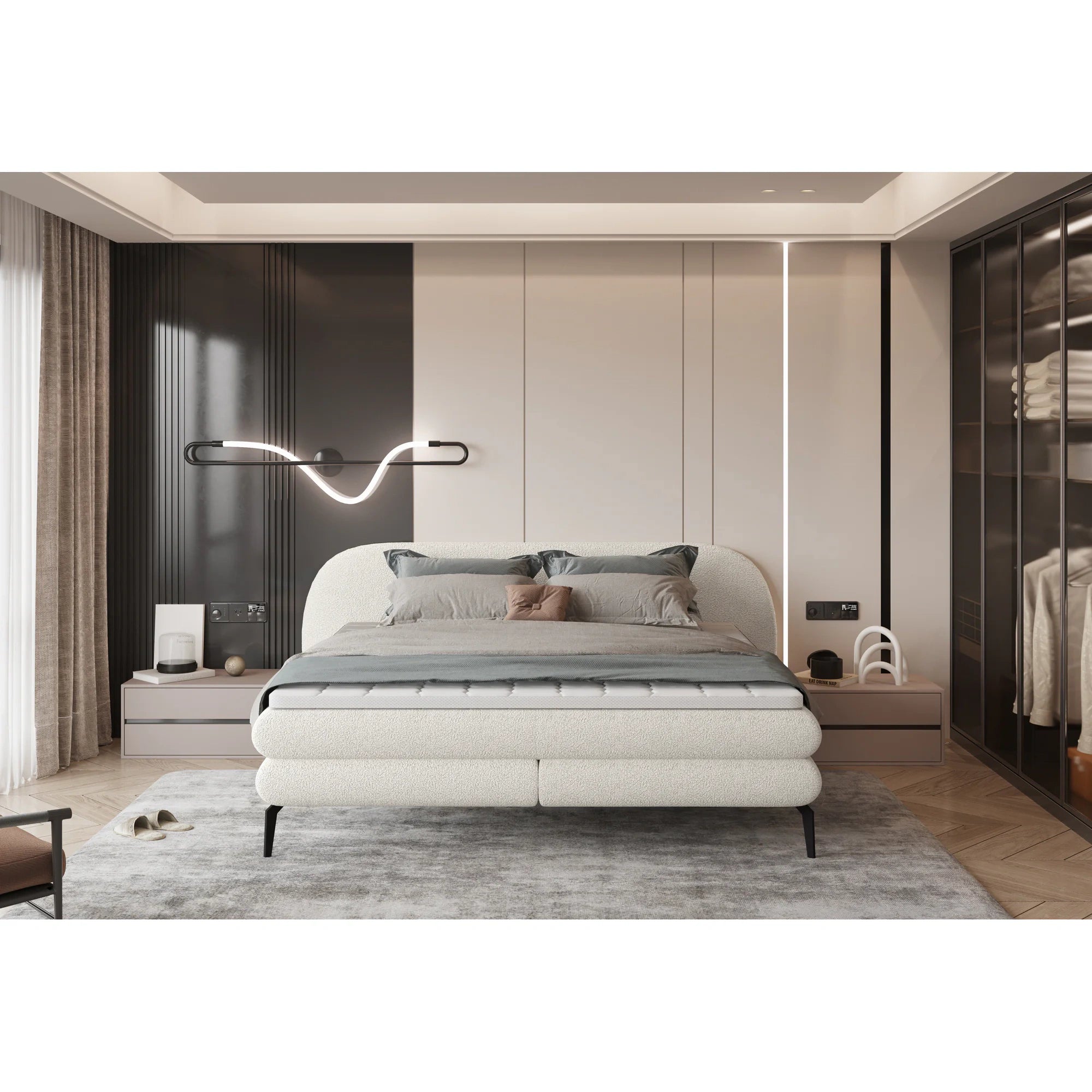 Pat boxspring OVO 140x200, personalizabil materiale Gama Premium, cu saltele si topper