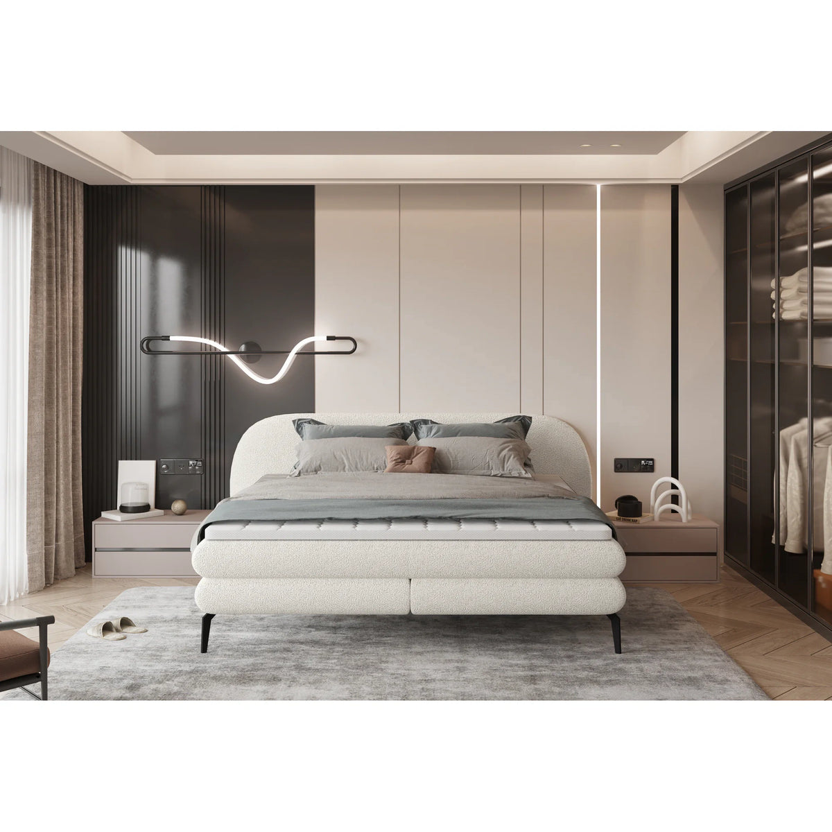 Pat boxspring OVO 160x200, personalizabil materiale Gama Premium, cu saltele si topper