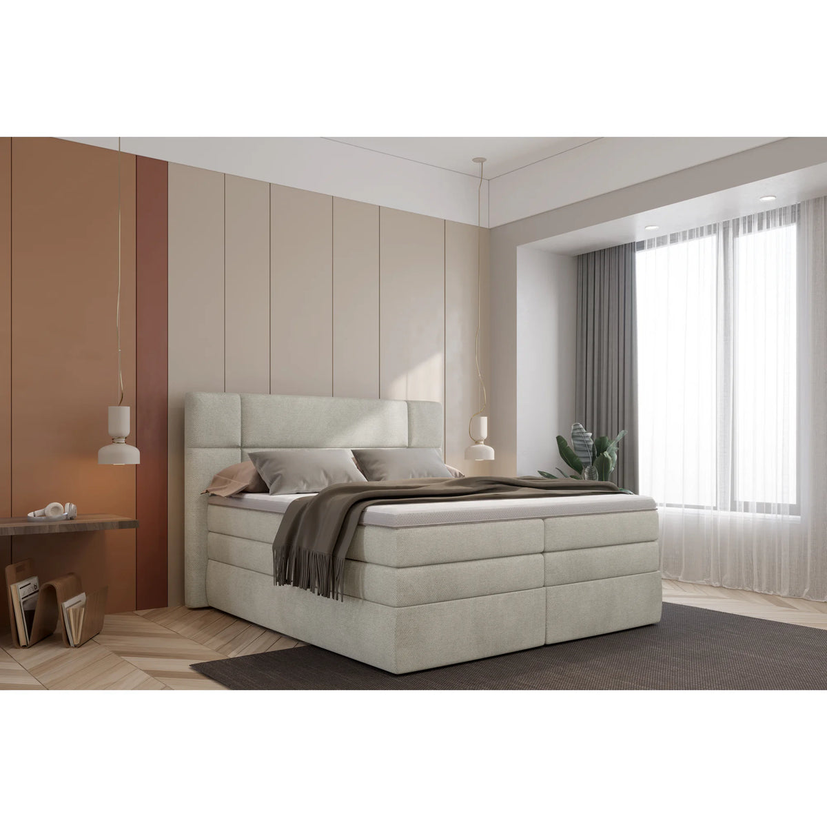 Pat boxspring PALACE 180x200, personalizabil materiale Gama Premium, cu saltele, topper si lada pentru depozitare