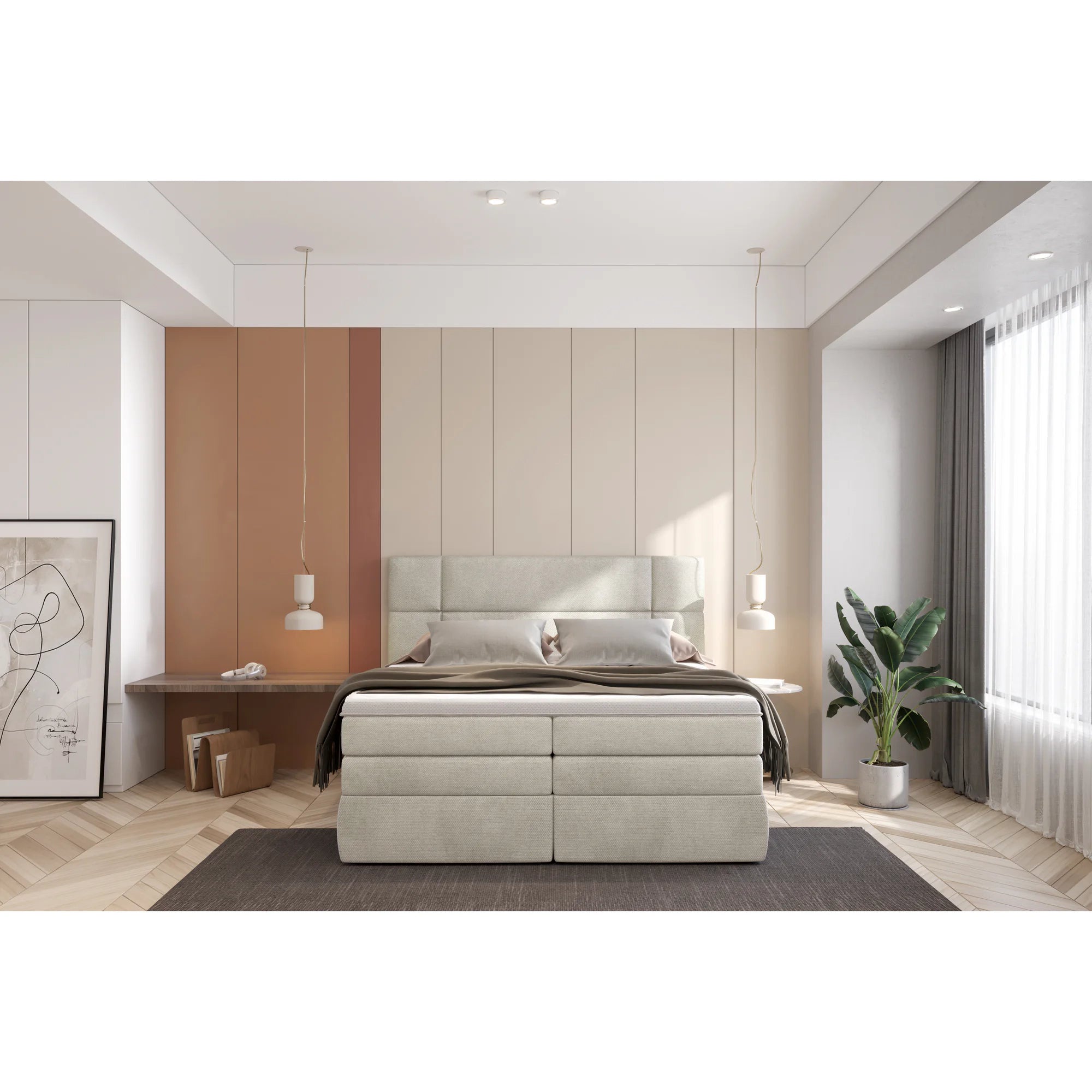Pat boxspring PALACE 140x200, personalizabil materiale gama Oferta Avantaj, cu saltele, topper si lada pentru depozitare