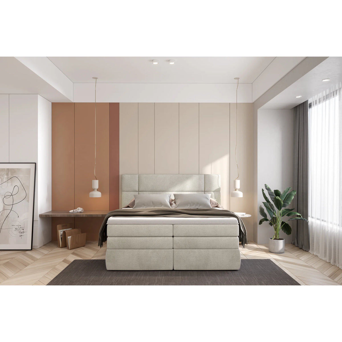 Pat boxspring PALACE 140x200, personalizabil materiale Gama Premium, cu saltele, topper si lada pentru depozitare