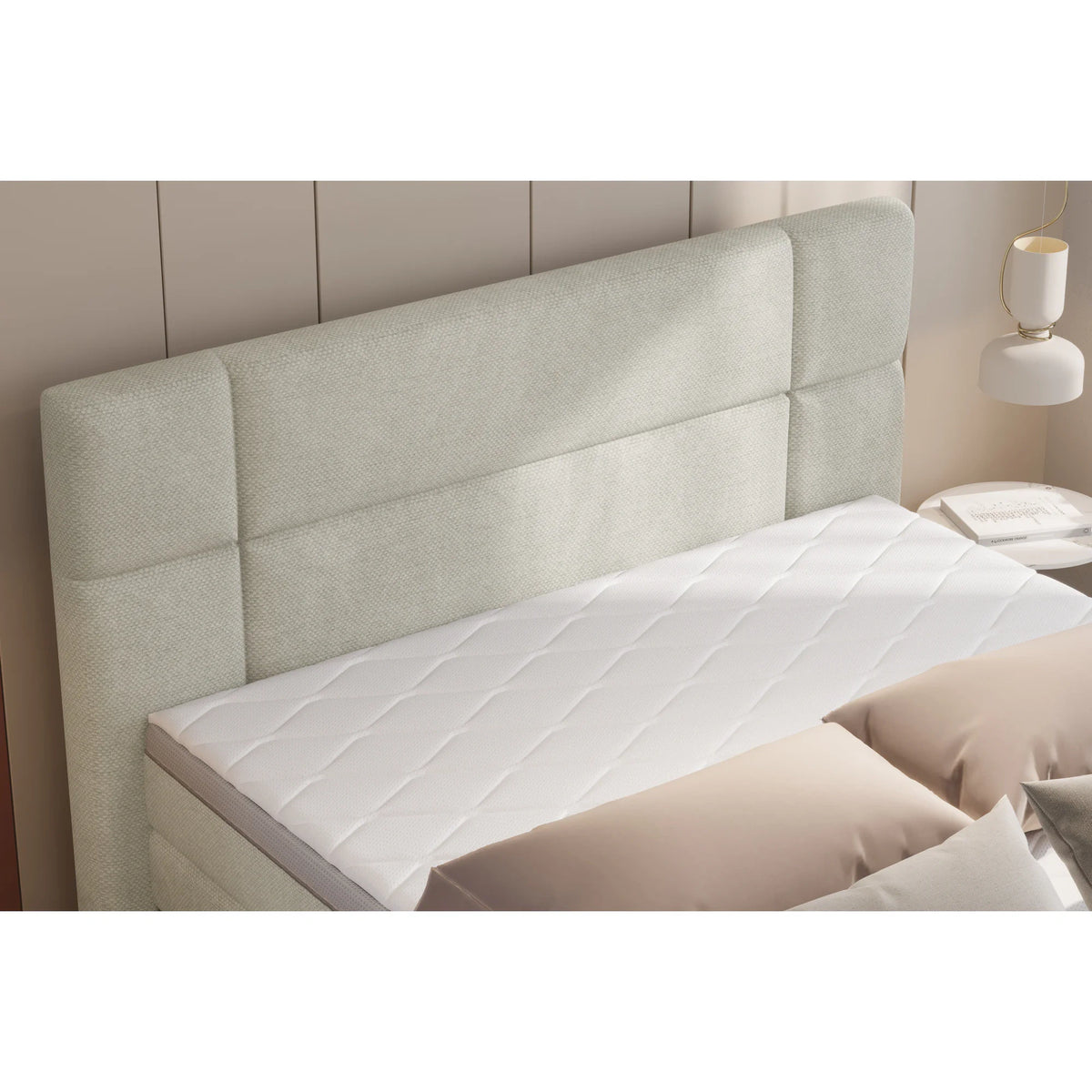 Pat boxspring PALACE 160x200, personalizabil materiale Gama Premium, cu saltele, topper si lada pentru depozitare