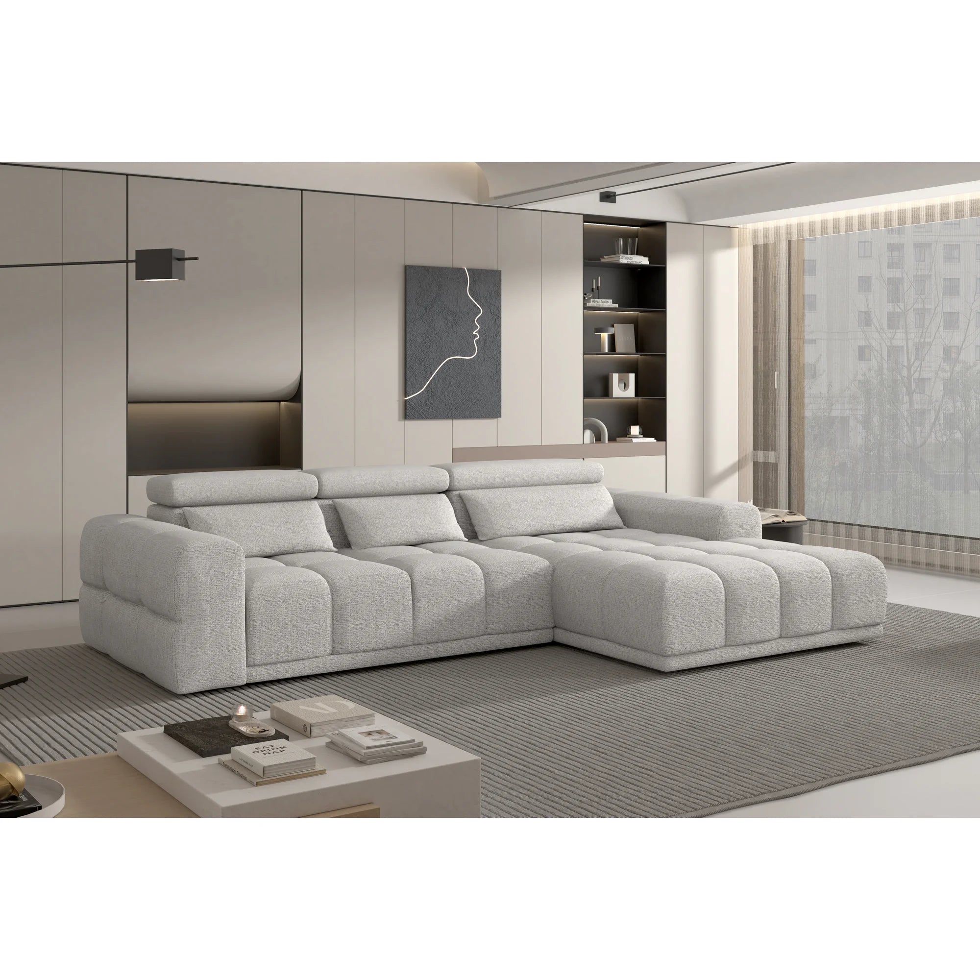 Coltar PANAMA BOX S, personalizabil materiale Gama Premium, cu lada depozitare si reglaj electric, 290x188x98 cm