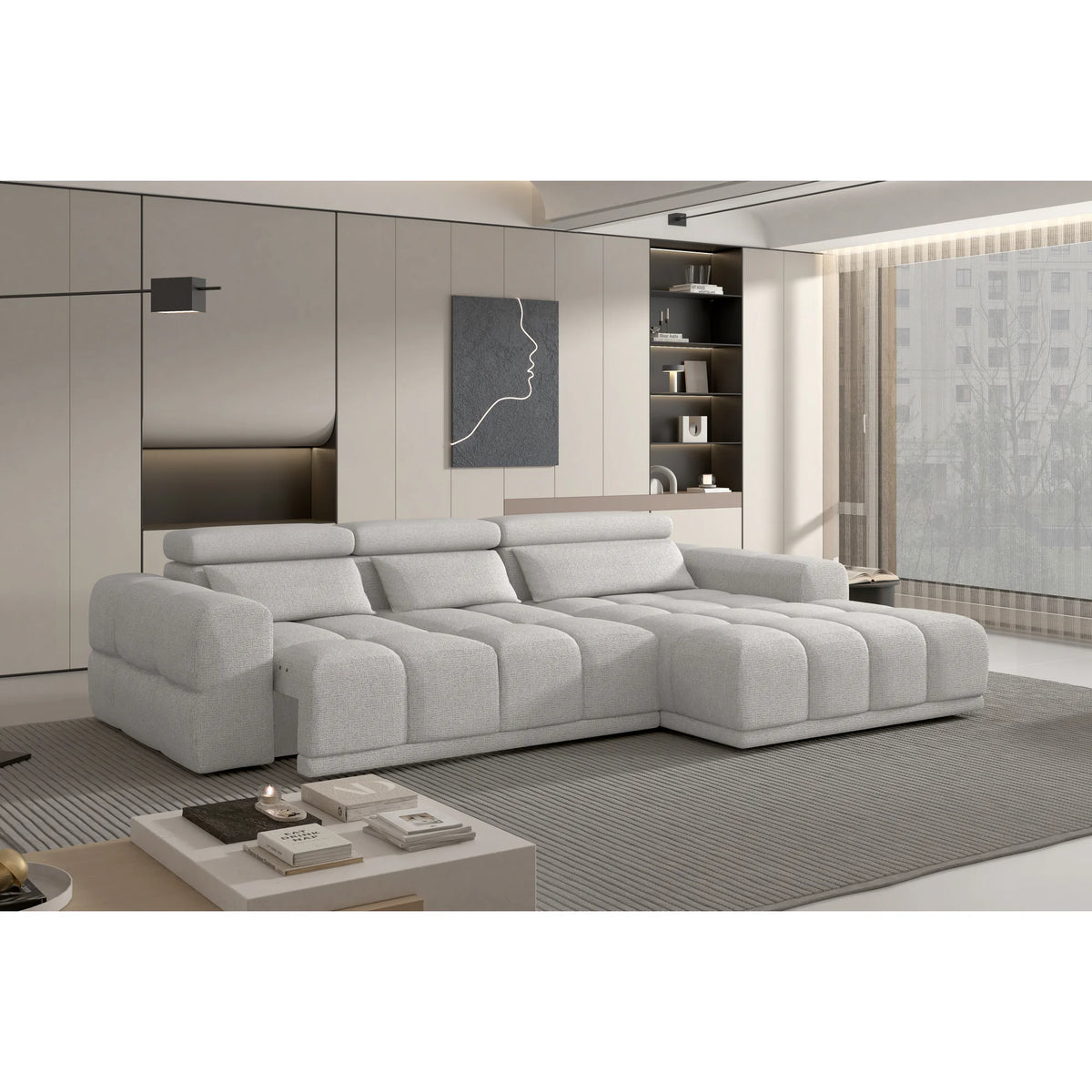 Coltar PANAMA BOX S, personalizabil materiale Gama Oferta Avantaj, cu lada depozitare si reglaj electric, 290x188x98 cm