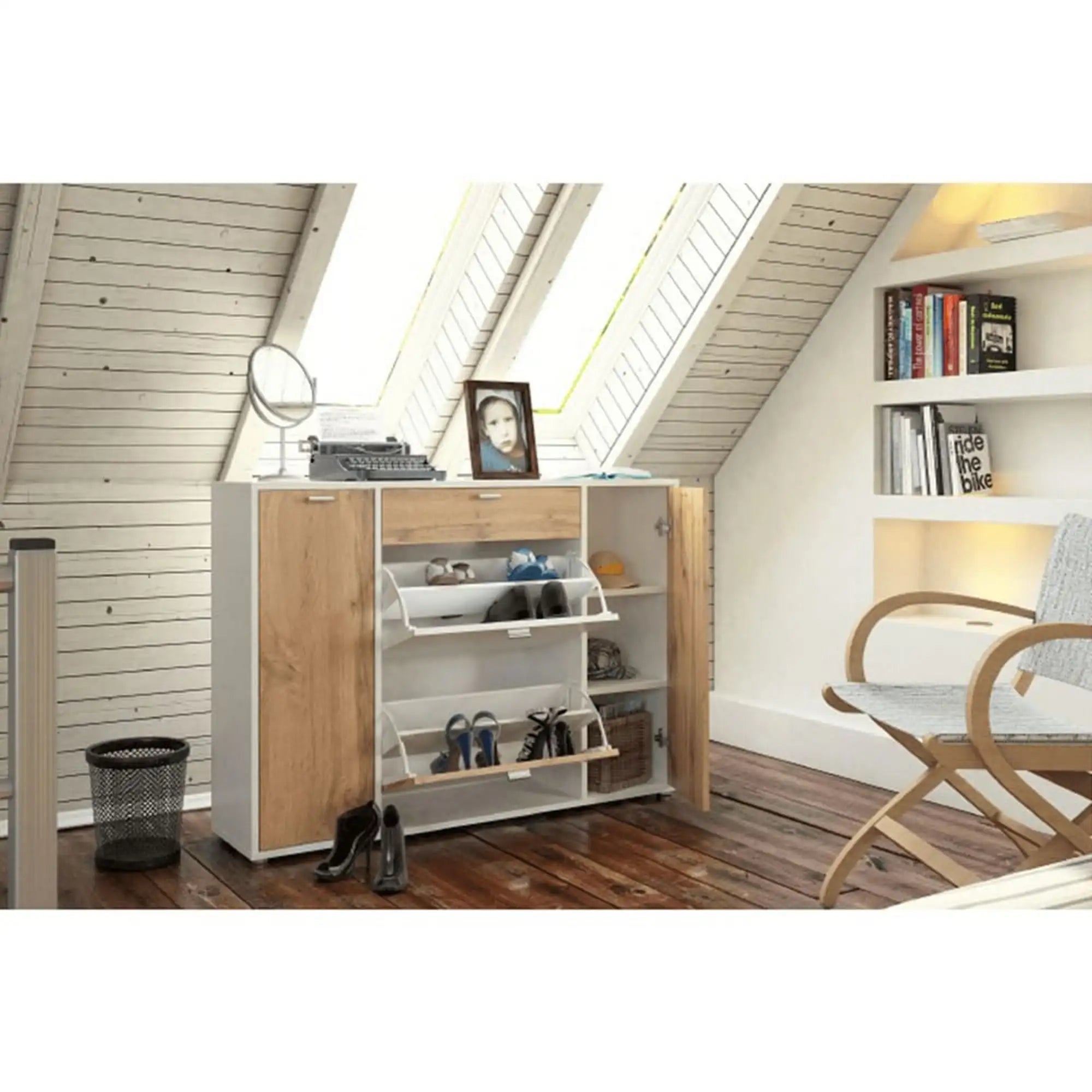 Pantofar hol ANABELA, alb/stejar wotan, 120x28x85 cm