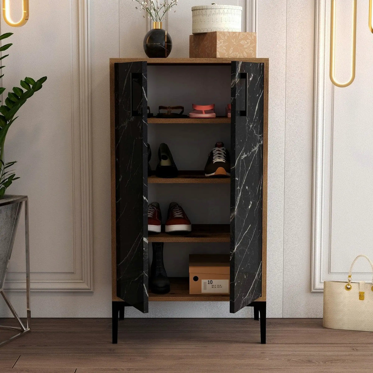 Pantofar PRAG, nuc/negru cu efect de marmura, PAL melaminat, 60x35x111 cm
