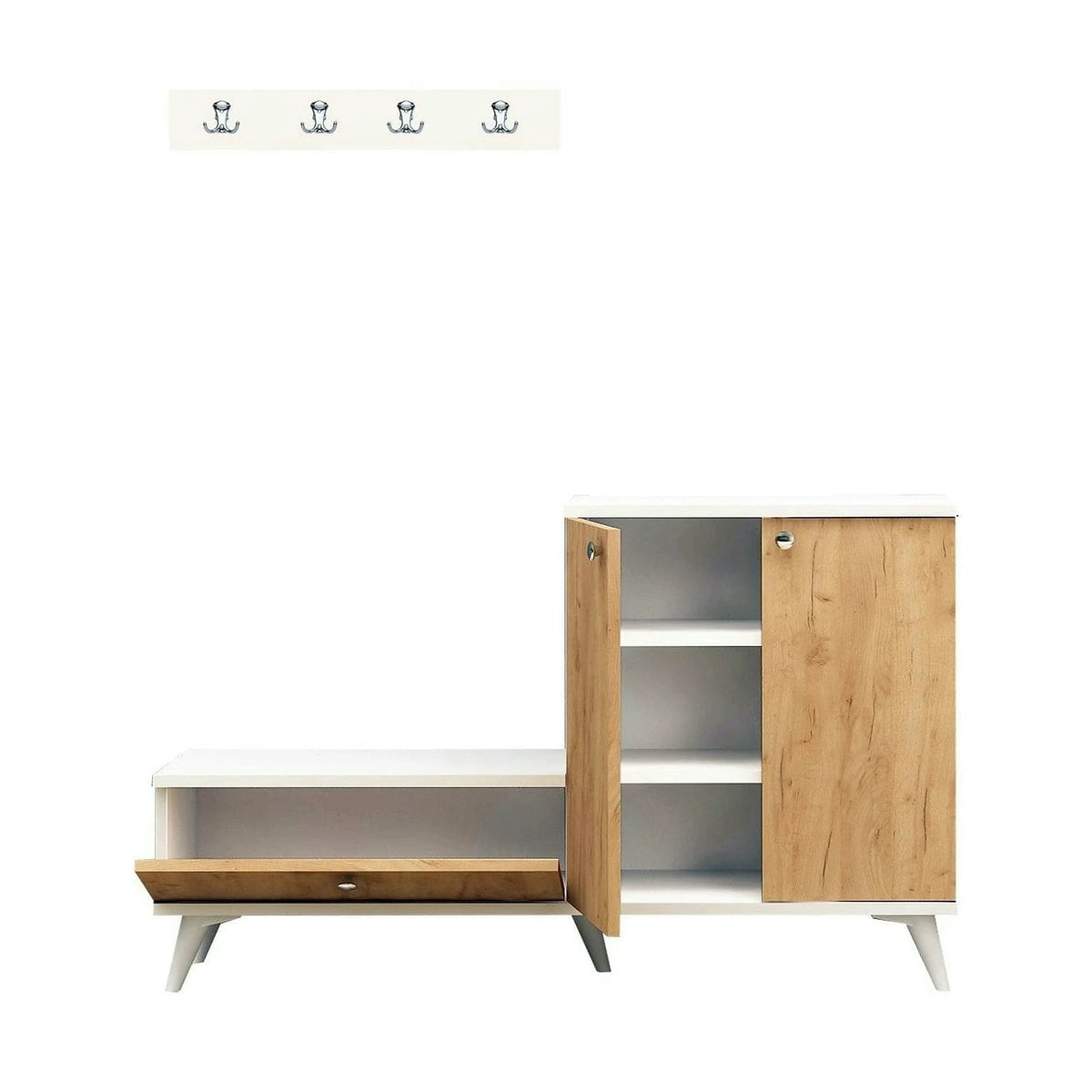 Pantofar si cuier, stejar/alb, PAL melaminat, 120x30x76 cm