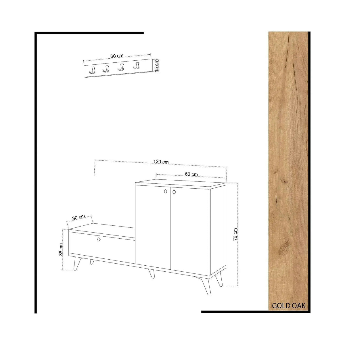 Pantofar si cuier, stejar/alb, PAL melaminat, 120x30x76 cm