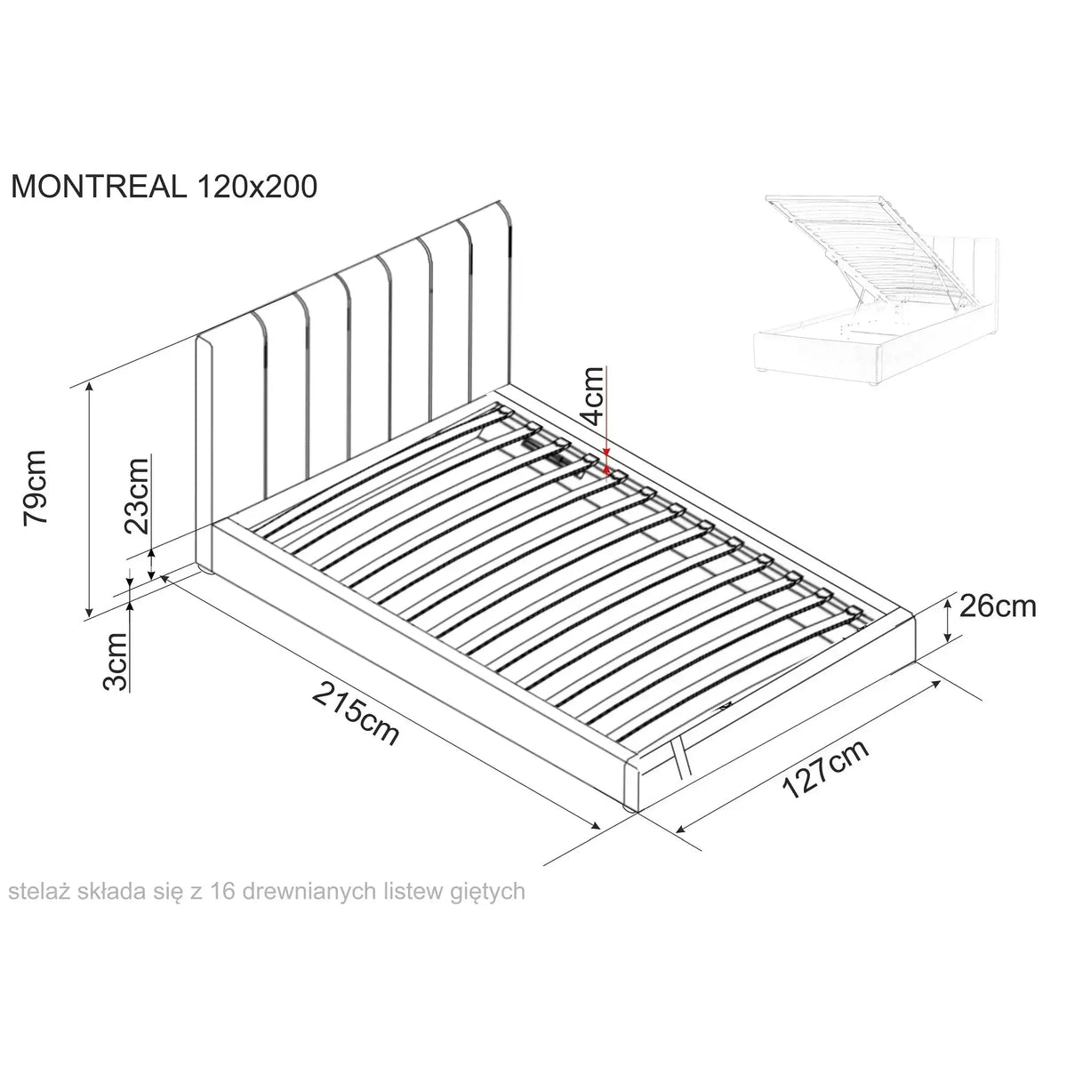 Pat 120x200 cu somiera MONTREAL, stofa catifelata gri - Tap.192, cu spatiu depozitare