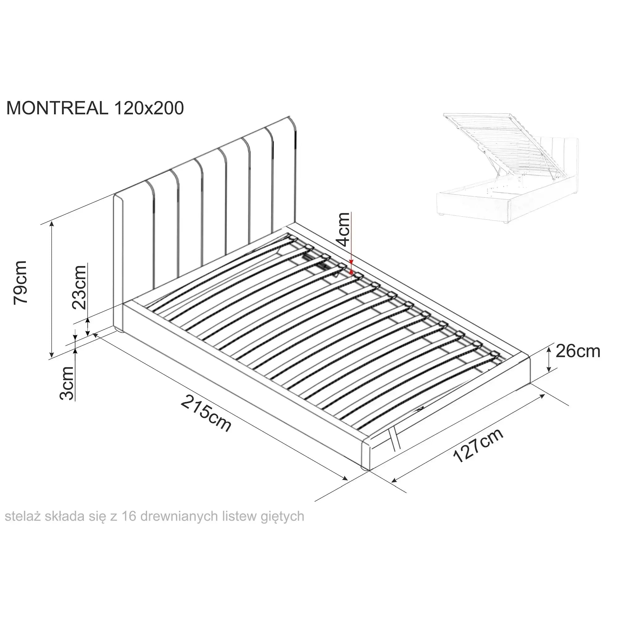 Pat 120x200 cu somiera MONTREAL, stofa catifelata gri - Tap.192, cu spatiu depozitare