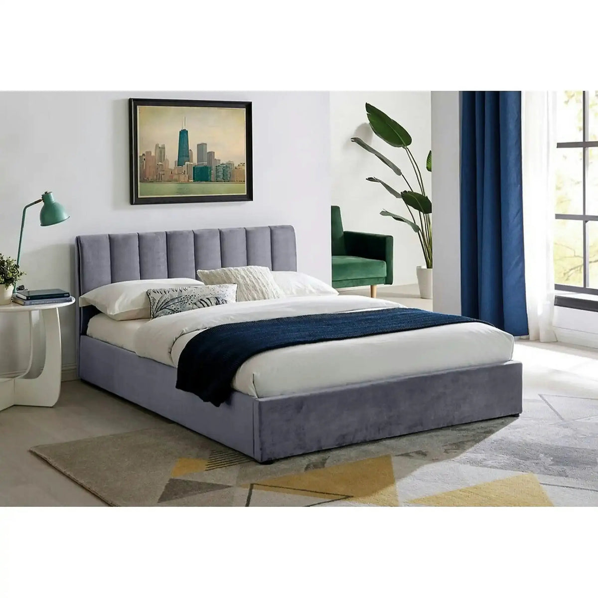 Pat 160 cm MONTREAL, stofa catifelata gri, cu somiera si spatiu depozitare