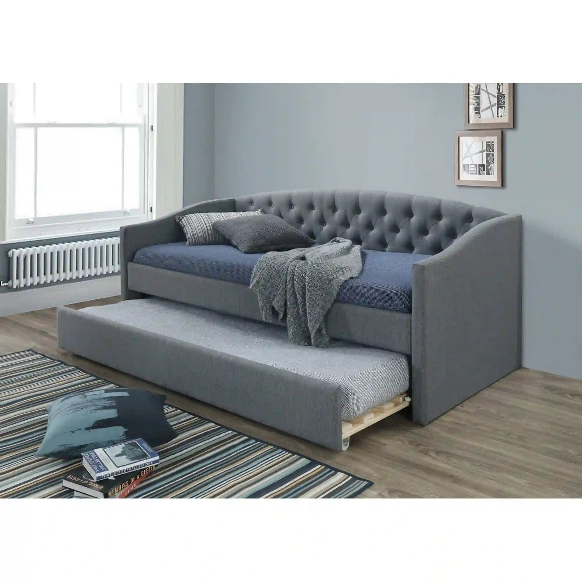 Pat ALESSIA 90x200, stofa gri - TAP 23, cu somiera si corp aditional