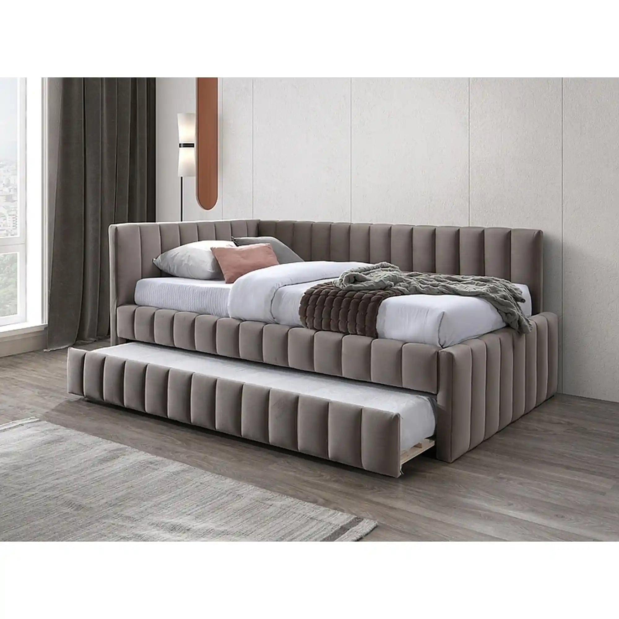 Pat ALFIE 120x200, stofa catifelata bej - Bluvel 40, cu somiera si corp aditional