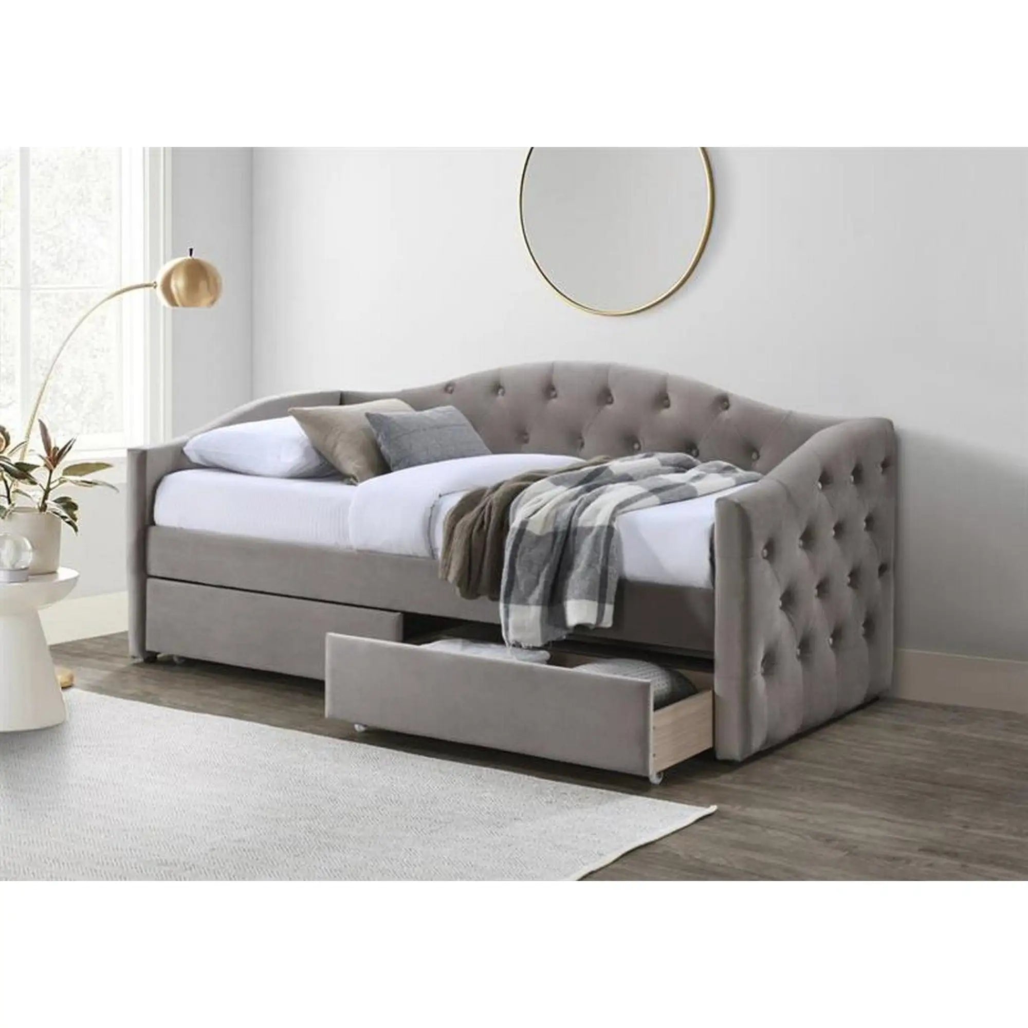 Pat ALOHA 90x200, stofa catifelata bej, cu somiera si spatiu depozitare