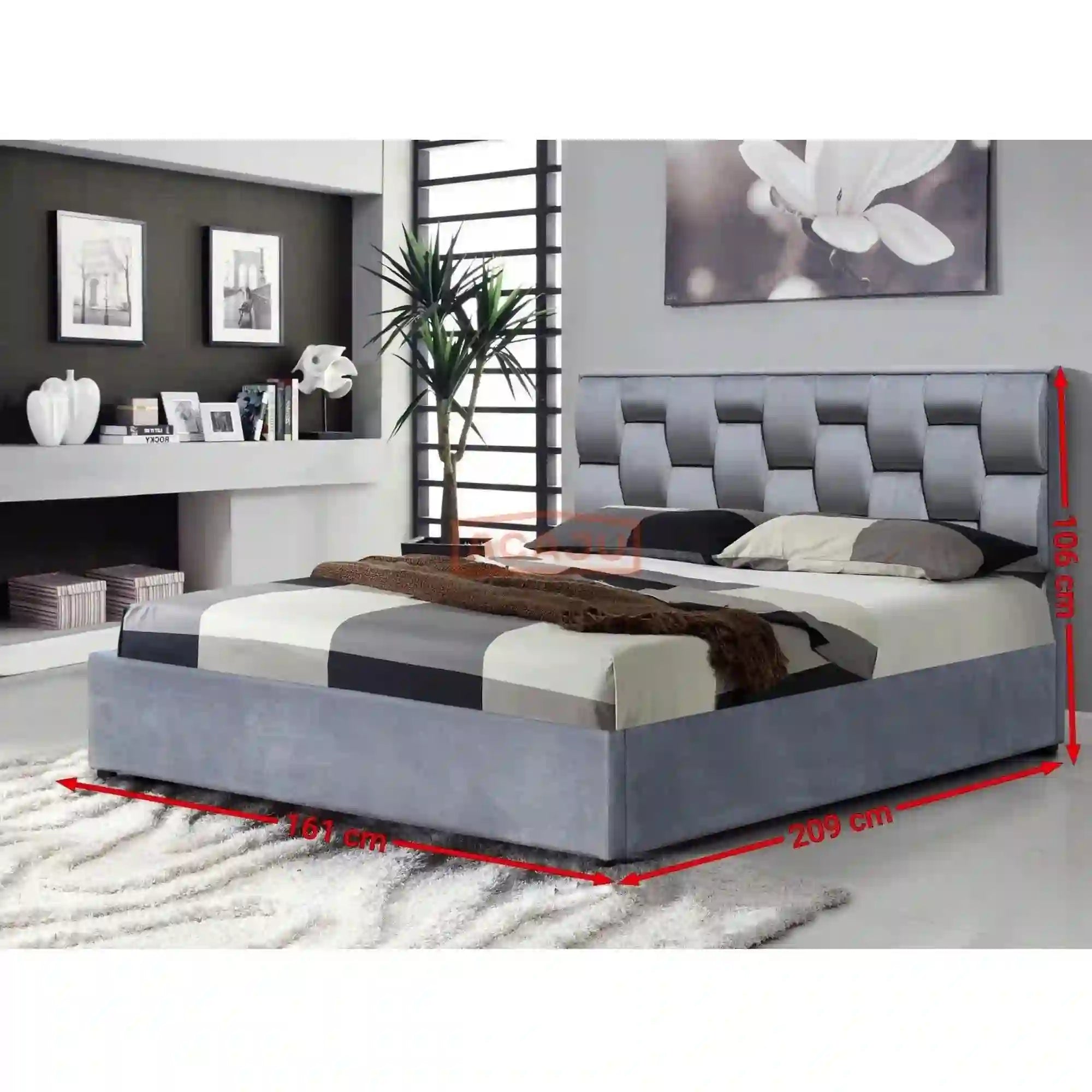 Pat ANNABEL 160x200, stofa catifelata gri, cu suport saltea si spatiu depozitare