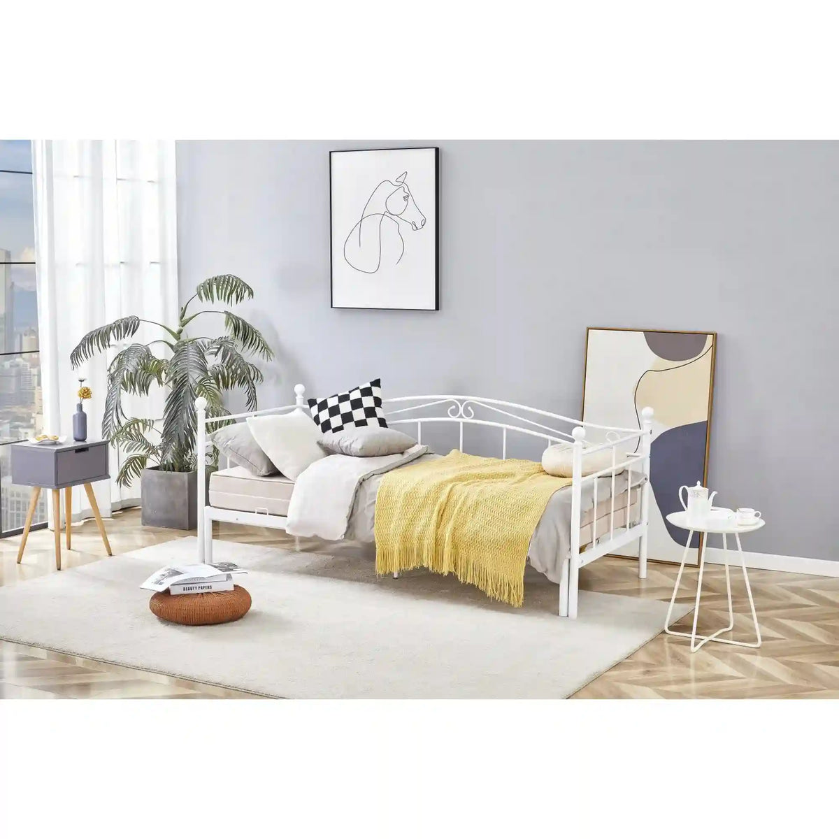 Pat ARIZA 90x200/180x200, alb, otel, cu somiera