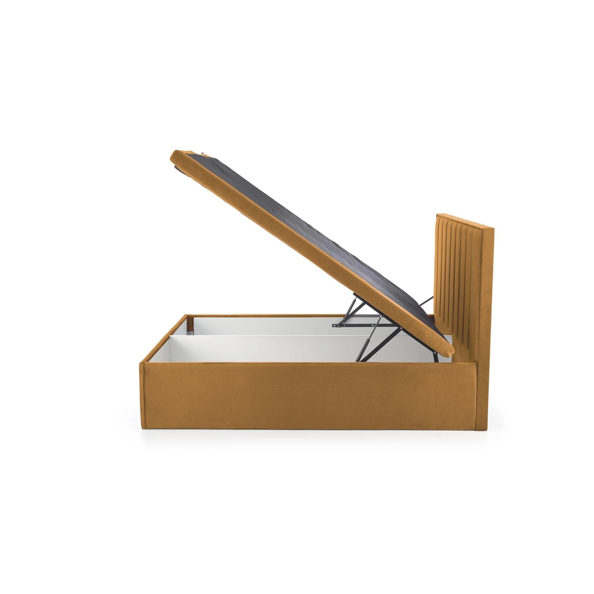 Pat ASENTO 160x200, stofa catifelata galben mustar - Element 8, cu suport saltea si spatiu depozitare