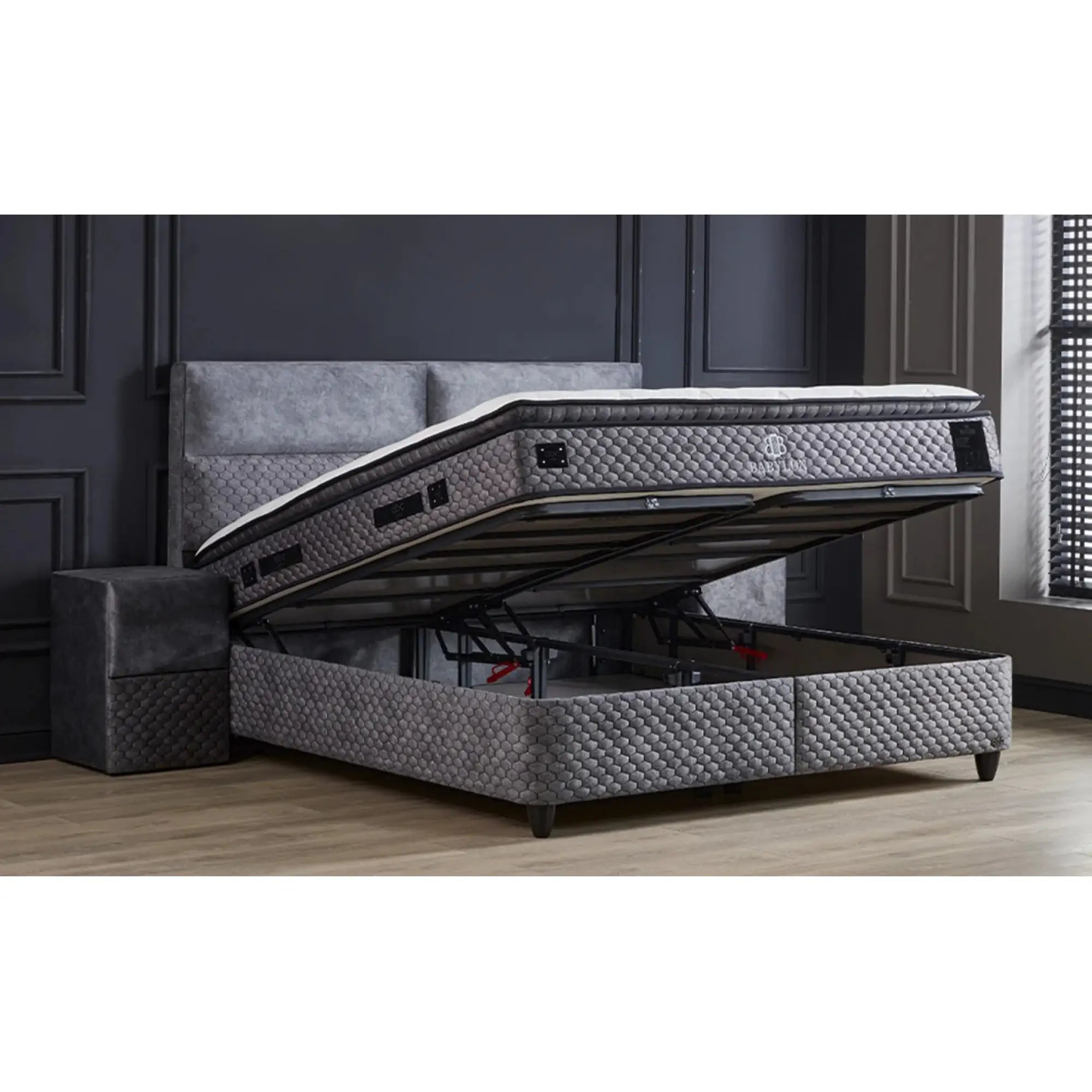 Pat BABYLON 160x200, gri, stofa/burete/PAL/metal, cu somiera si lada pentru depozitare