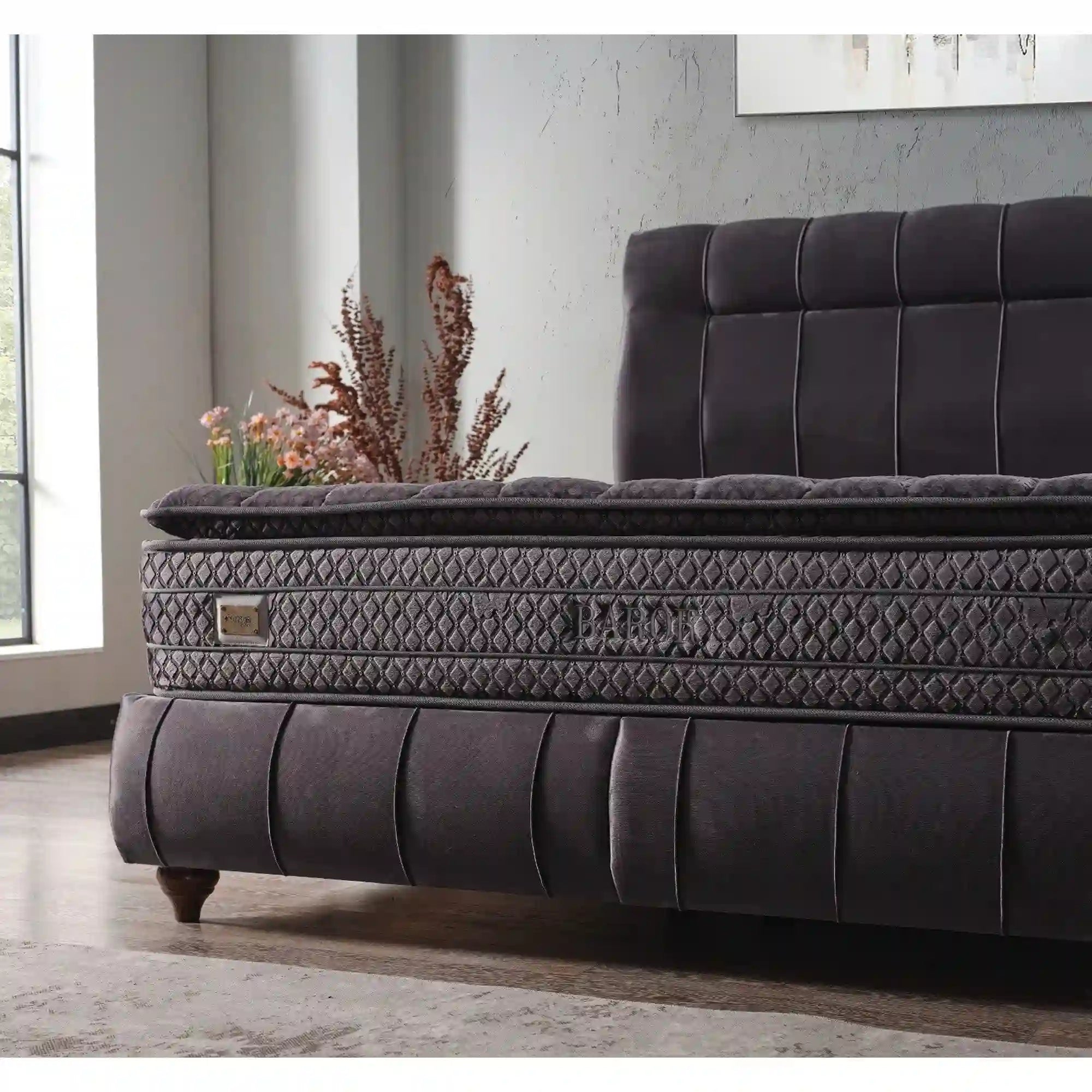 Pat BAROK 180x200, stofa catifelata gri inchis - Setra 811, cu somiera si spatiu depozitare