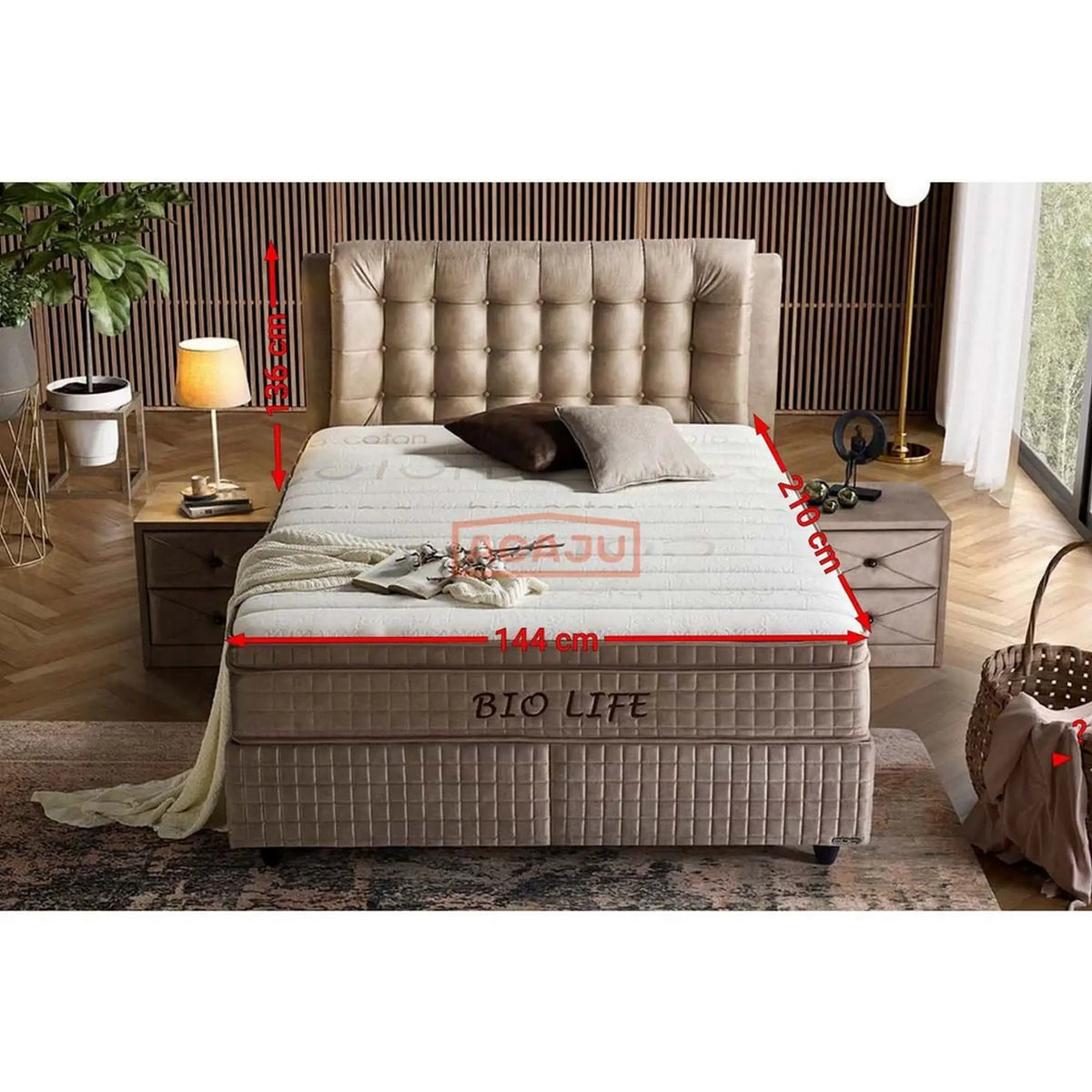 Pat BIO LIFE 140x200, bej, stofa/burete/PAL/metal, cu somiera, lada pentru depozitare si port USB