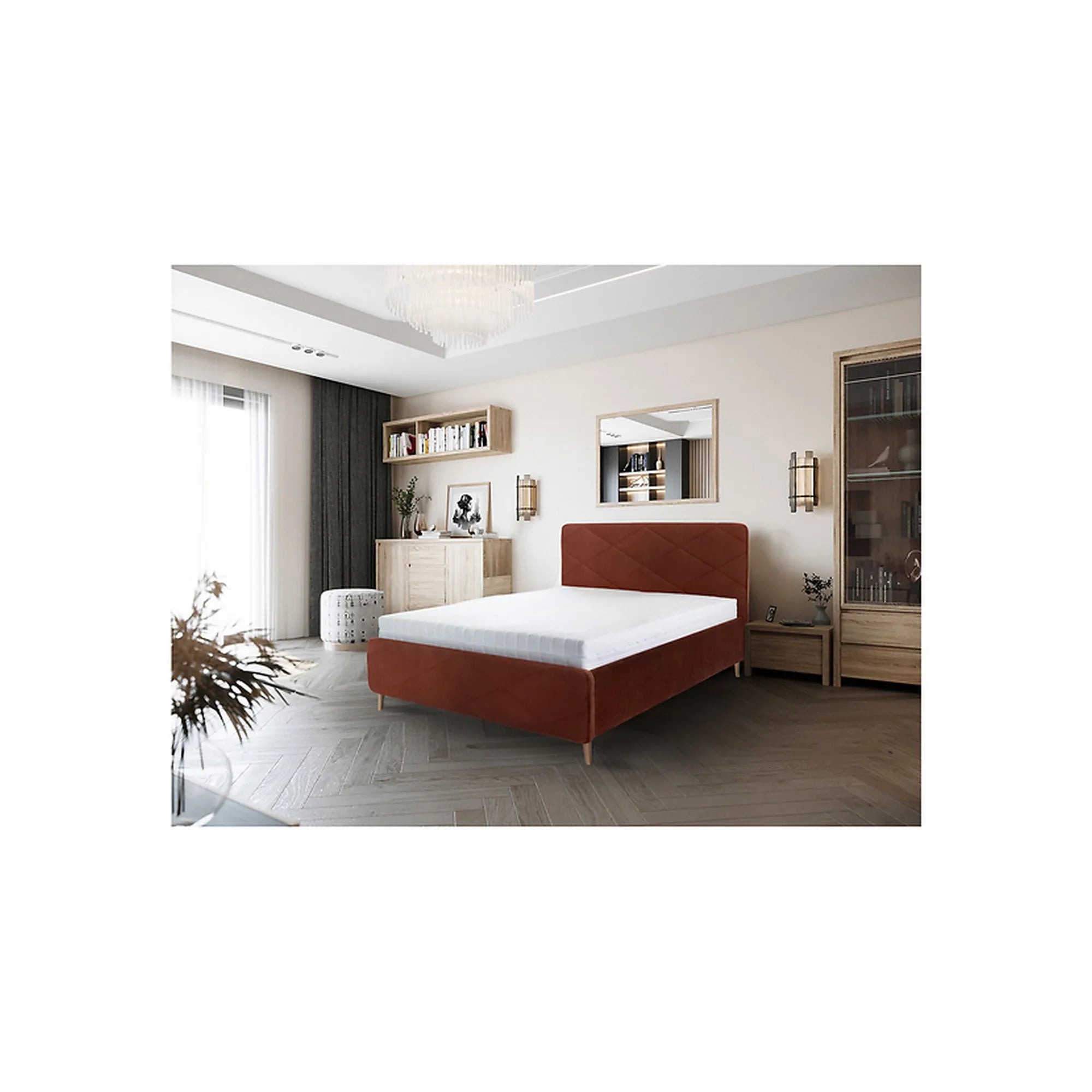 Pat BONDO 140x200, stofa catifelata portocaliu - Amon 23, cu somiera si spatiu depozitare