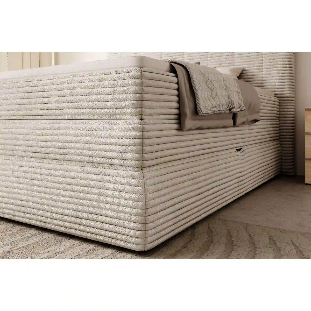 Pat boxspring AMBER 140x200, personalizabil materiale Gama Premium, cu spatiu depozitare, saltele si topper