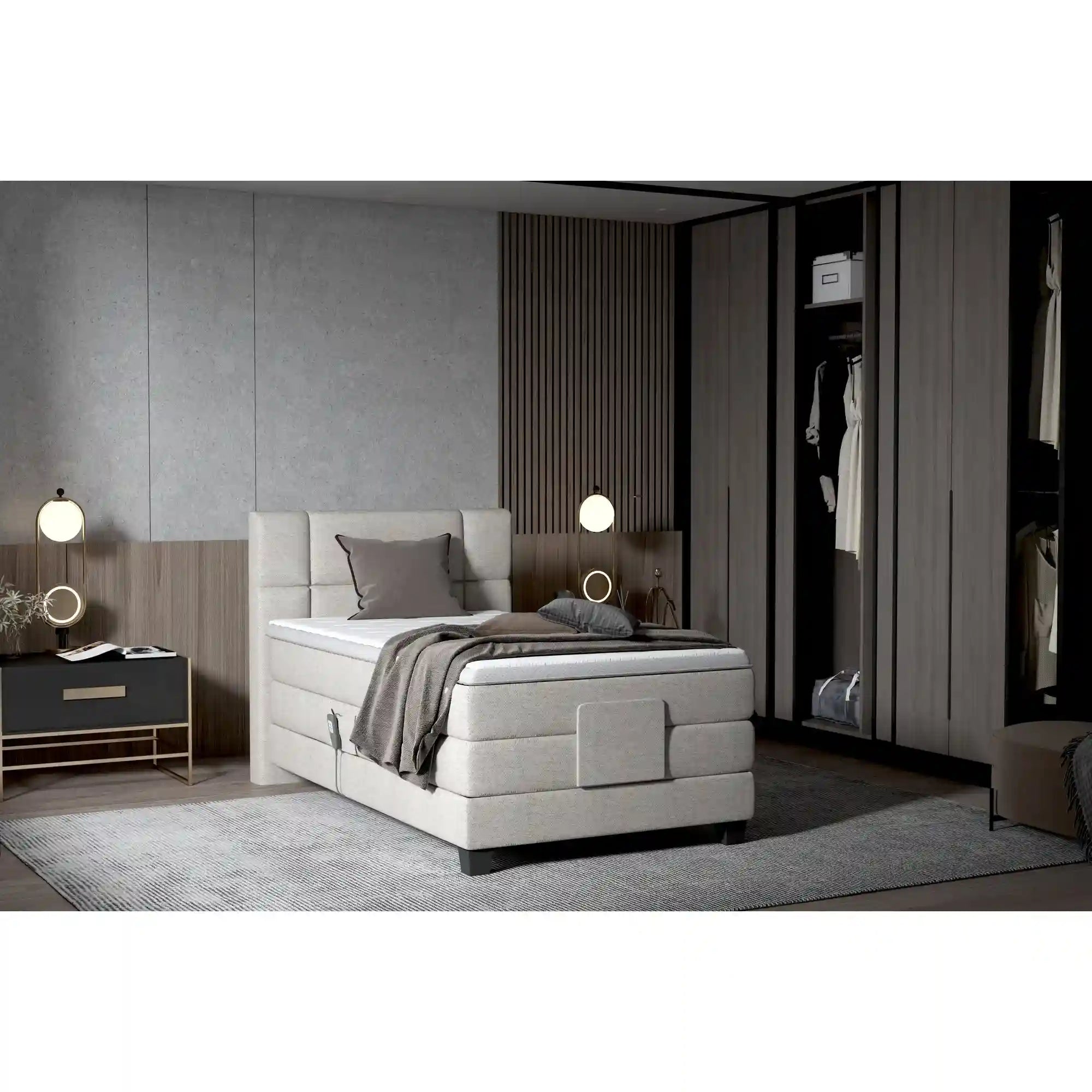 Pat boxspring DIXON 90x200, personalizabil materiale gama Oferta Avantaj, cu mecanism electric, saltele si topper