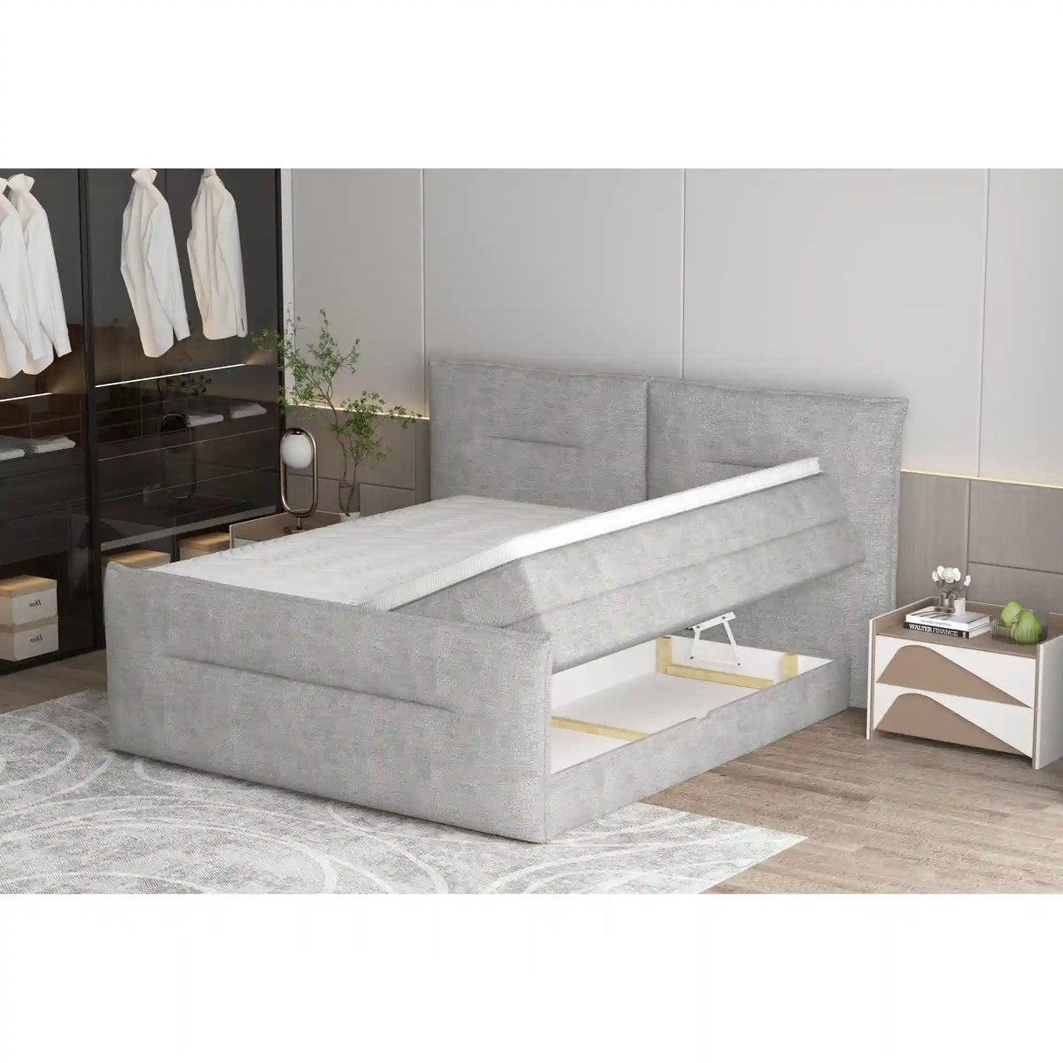 Pat boxspring ELMA 180x200, personalizabil materiale Gama Premium, cu spatiu depozitare, saltele si topper