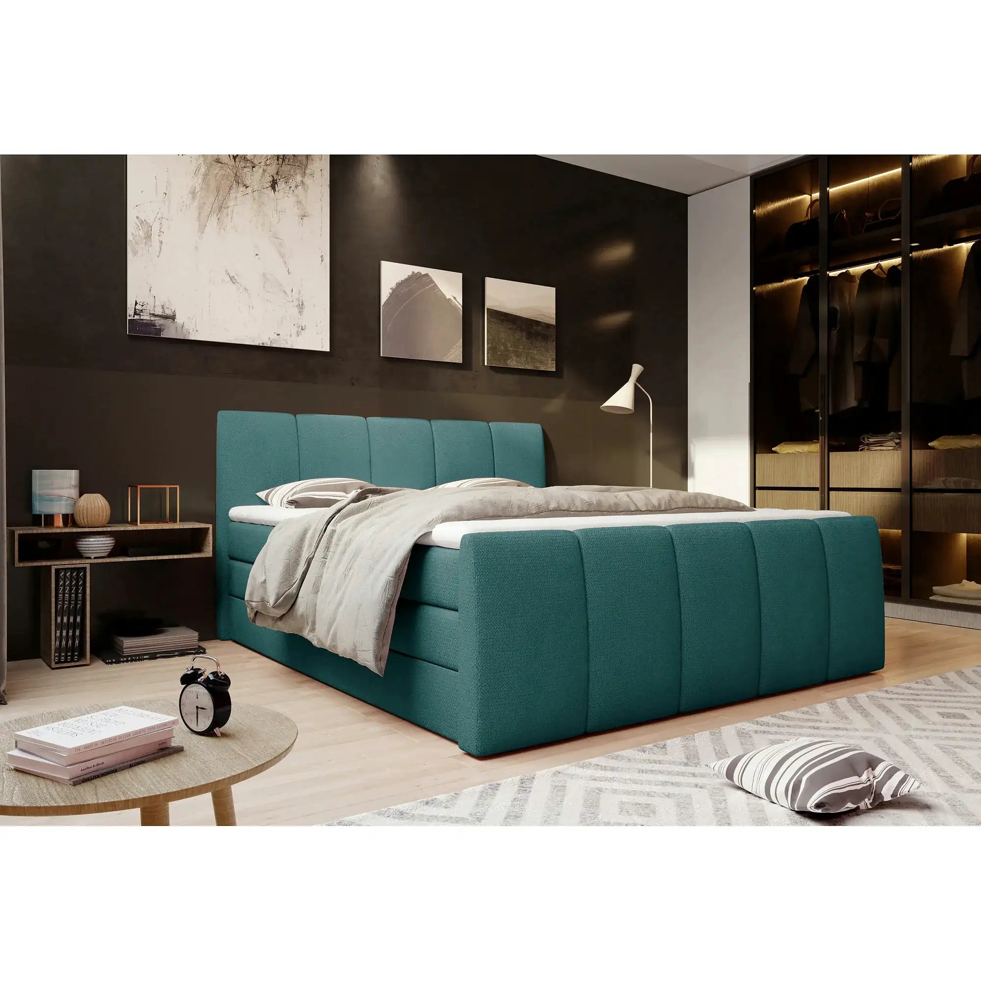 Pat boxspring FRESCO 140x200, stofa catifelata gri deschis - Royal Velvet 17, cu saltele, topper si 2 lazi pentru depozitare