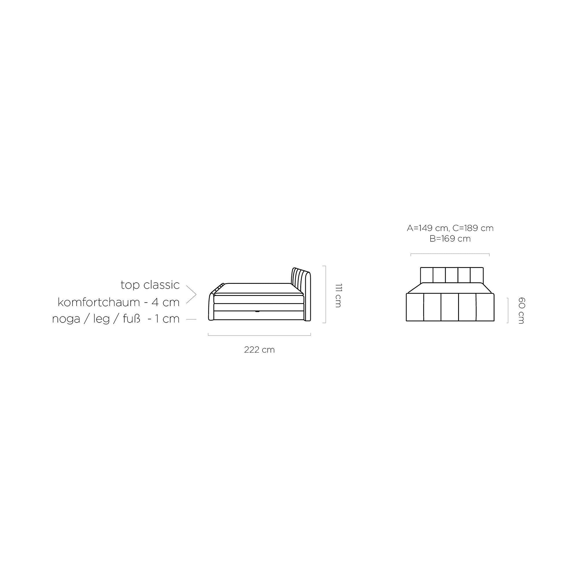 Pat boxspring FRESCO 140x200, stofa catifelata gri deschis - Royal Velvet 17, cu saltele, topper si 2 lazi pentru depozitare