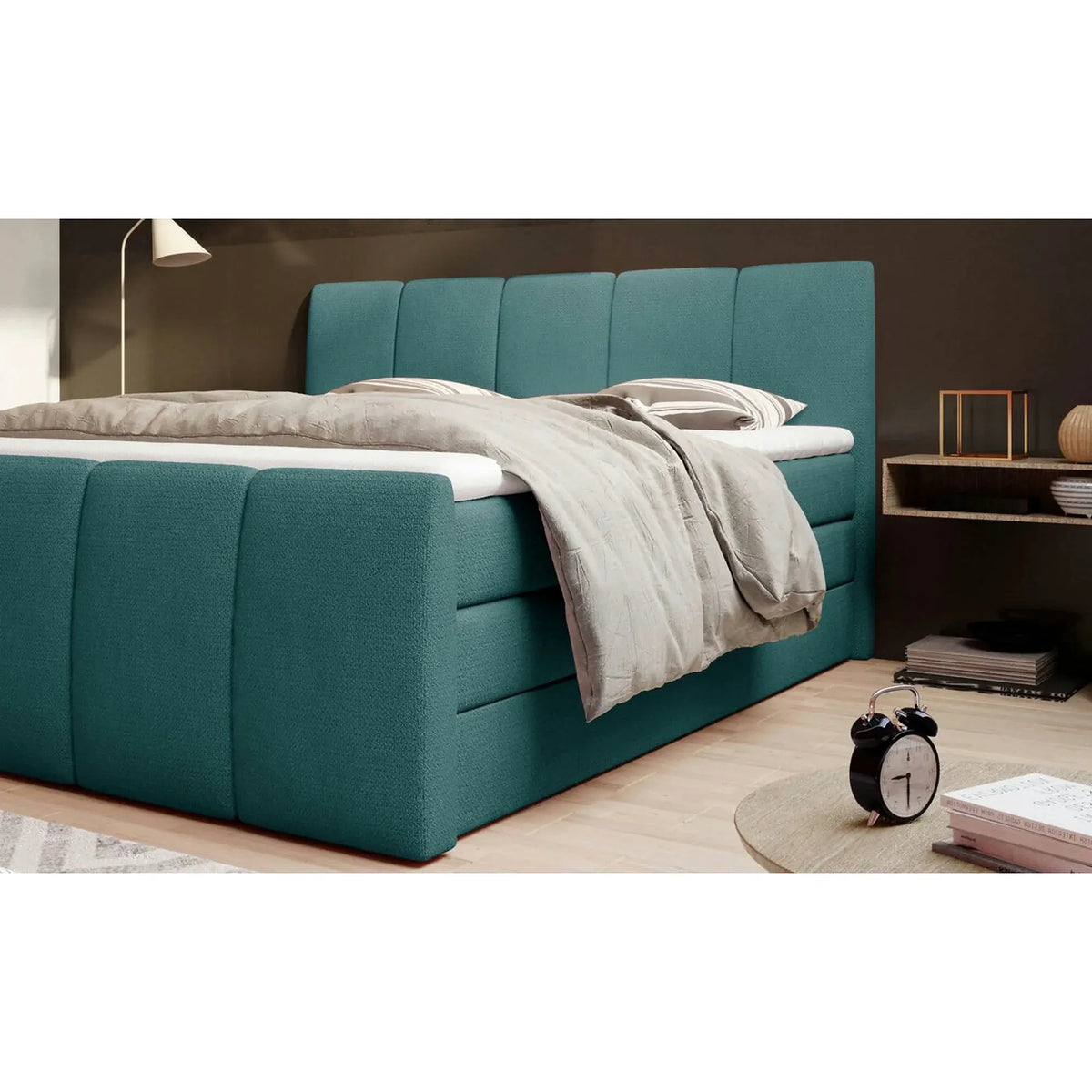 Pat boxspring FRESCO 140x200, stofa catifelata gri deschis - Royal Velvet 17, cu saltele, topper si 2 lazi pentru depozitare