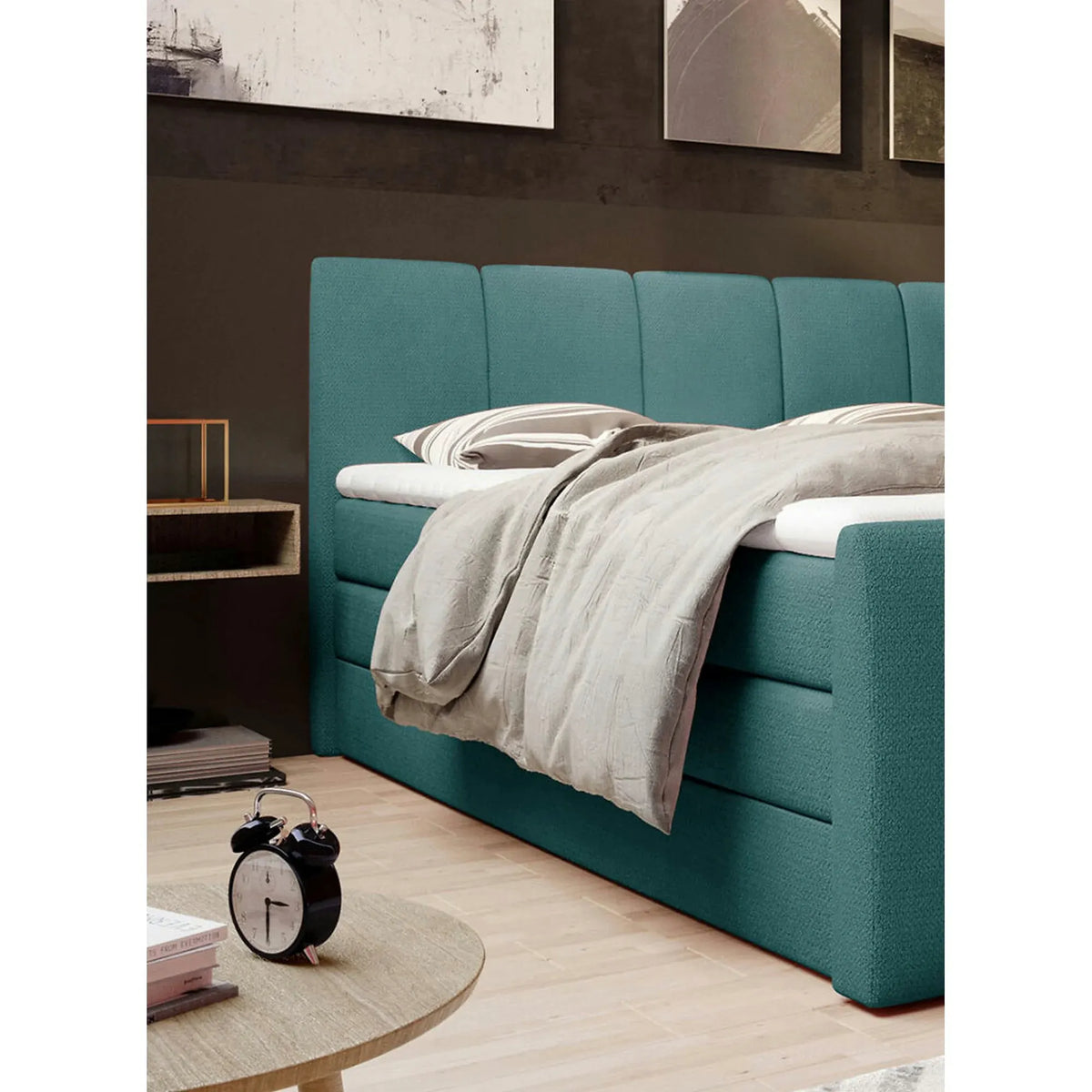 Pat boxspring FRESCO 140x200, stofa catifelata gri deschis - Royal Velvet 17, cu saltele, topper si 2 lazi pentru depozitare