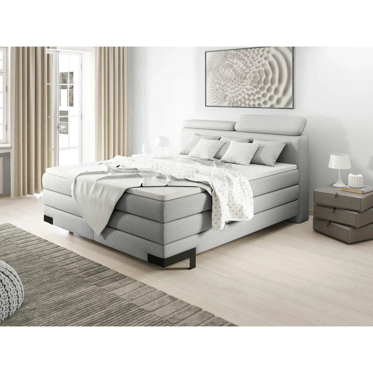 Pat boxspring KANO 160x200, personalizabil, cu saltea, topper, tetiere reglabile si 2 spatii pentru depozitare