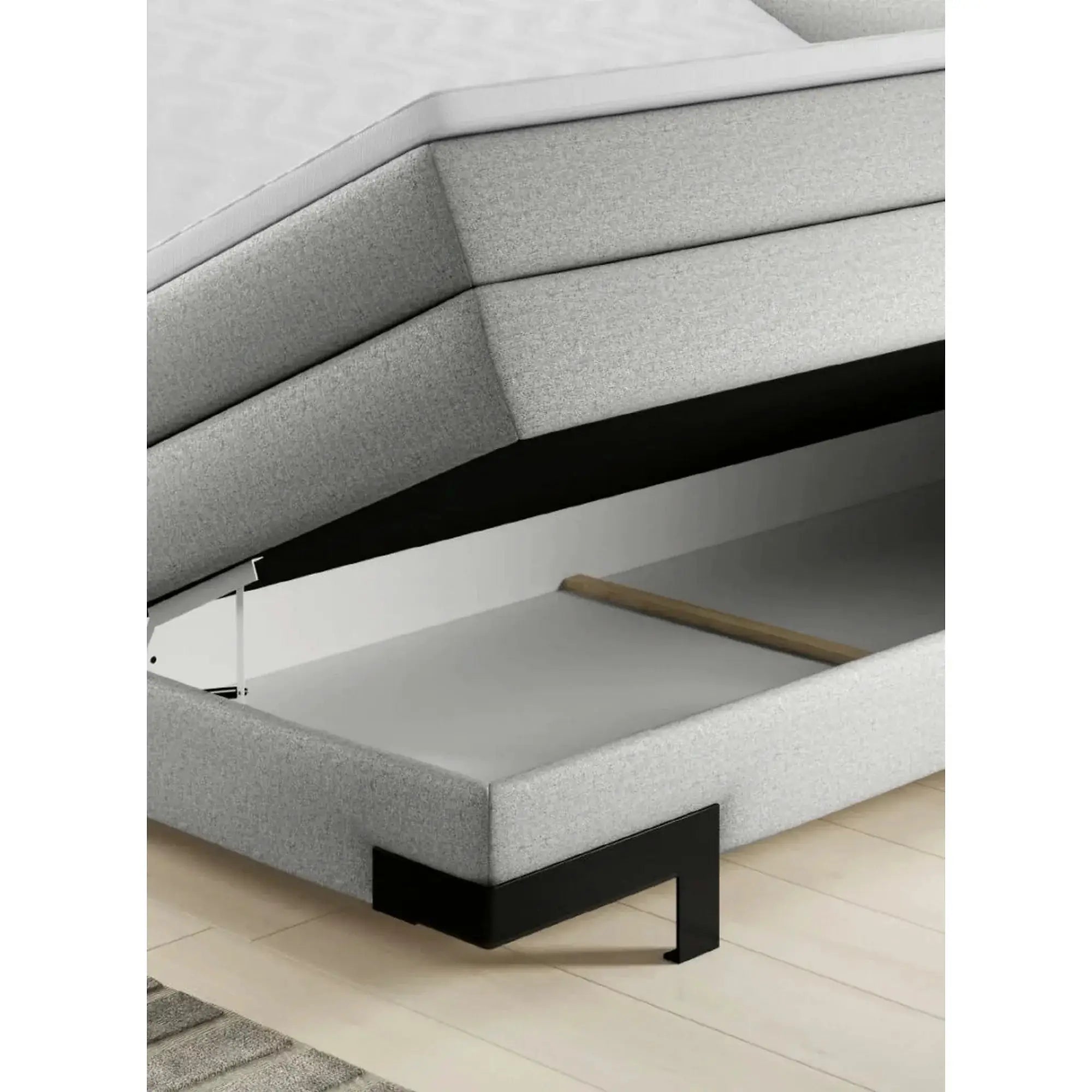 Pat boxspring KANO 160x200, personalizabil, cu saltea, topper, tetiere reglabile si 2 spatii pentru depozitare
