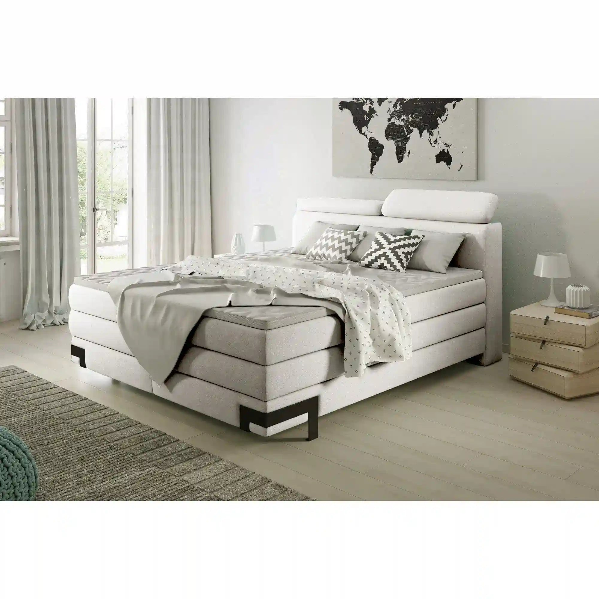 Pat boxspring KANO 160x200, stofa gri - Austin 17, cu saltea, topper, tetiere reglabile si 2 spatii pentru depozitare