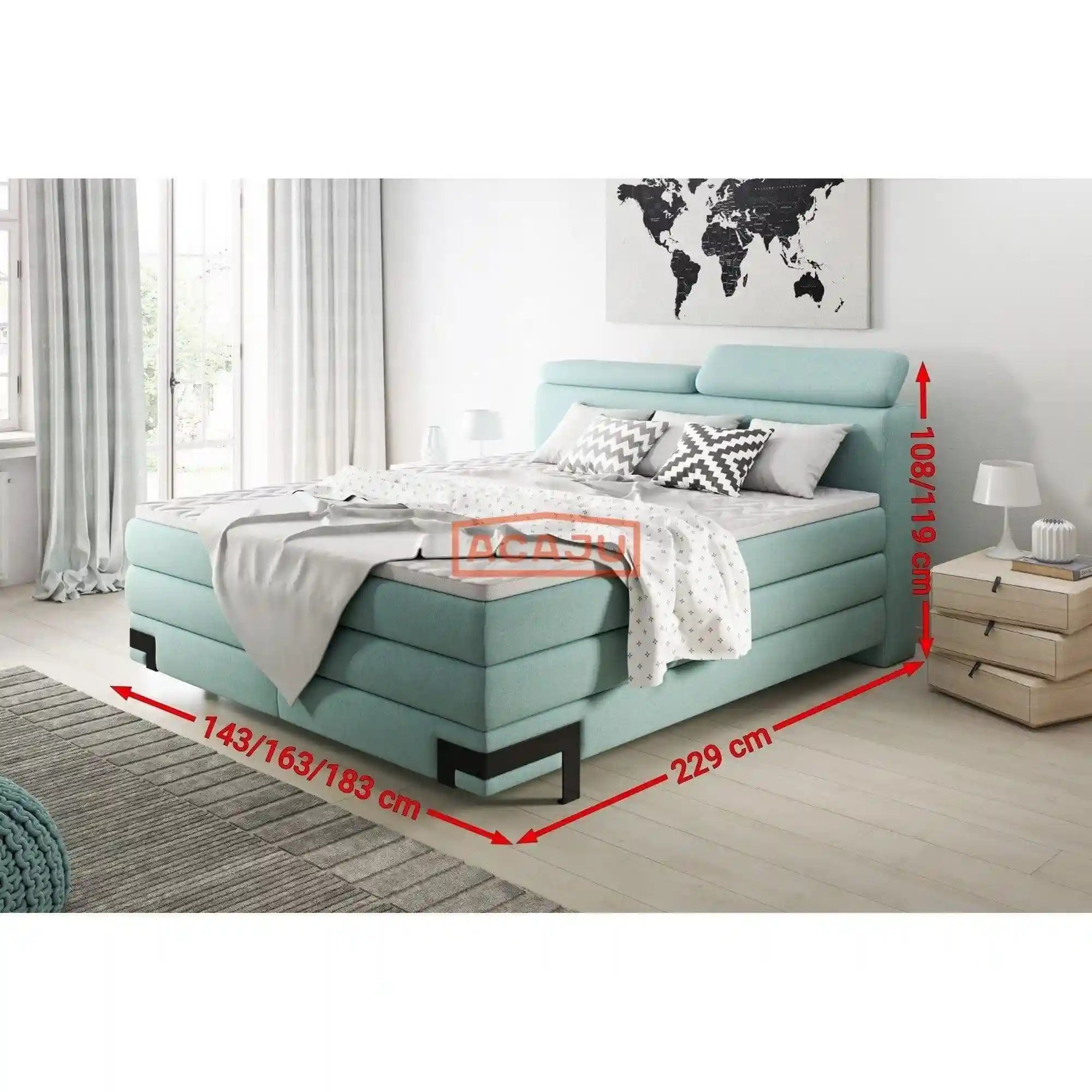 Pat boxspring KANO 160x200, stofa gri - Austin 17, cu saltea, topper, tetiere reglabile si 2 spatii pentru depozitare