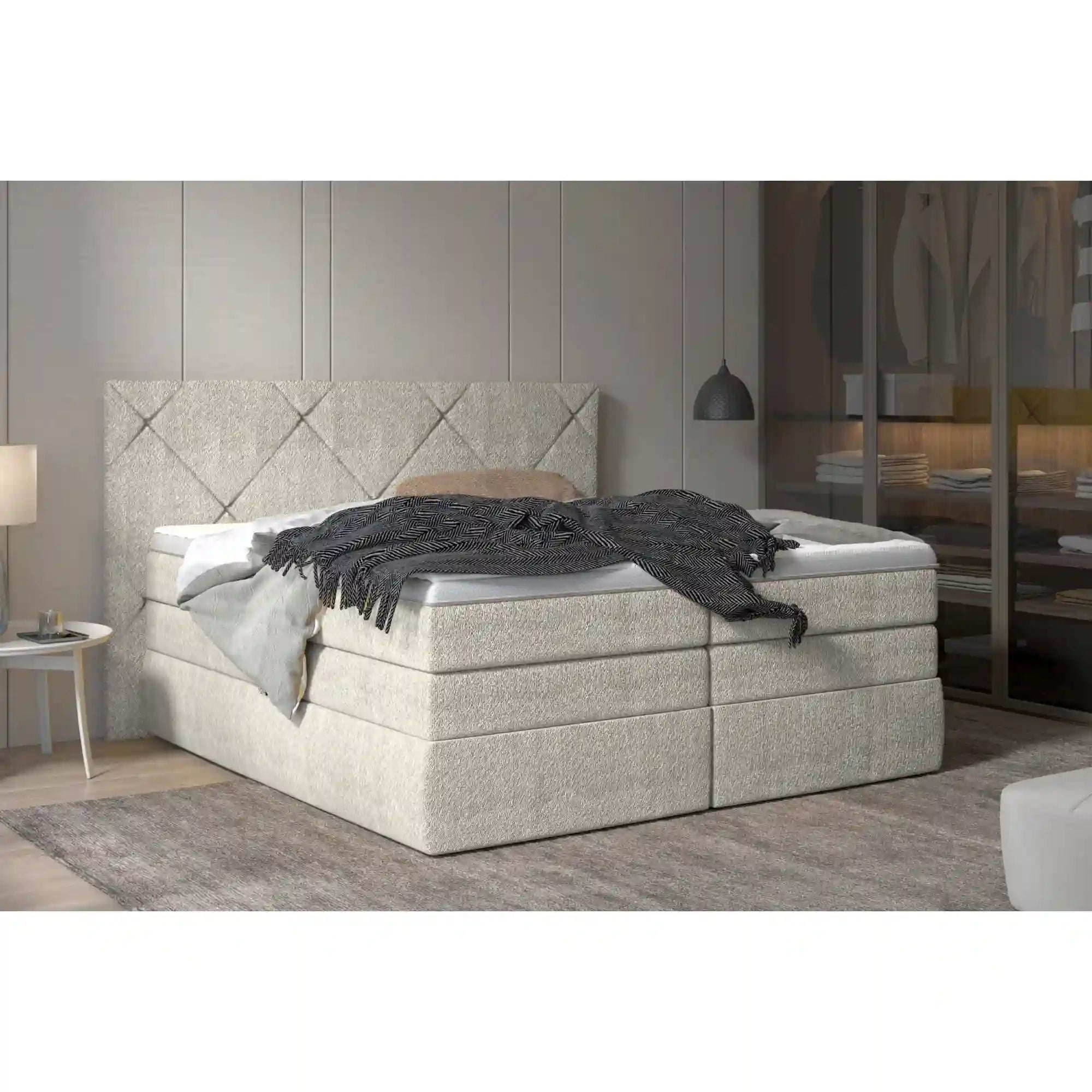 Pat boxspring LUNGO 140x200, personalizabil materiale gama Oferta Avantaj, 2 lazi depozitare, cu saltele si topper