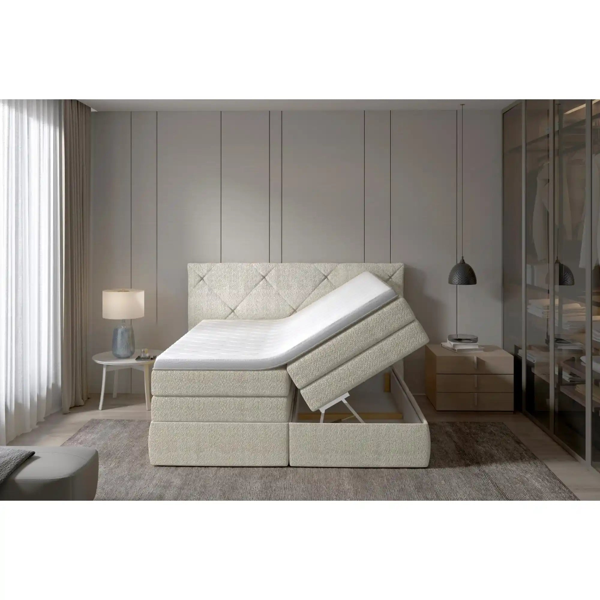 Pat boxspring LUNGO 140x200, personalizabil materiale gama Oferta Avantaj, 2 lazi depozitare, cu saltele si topper
