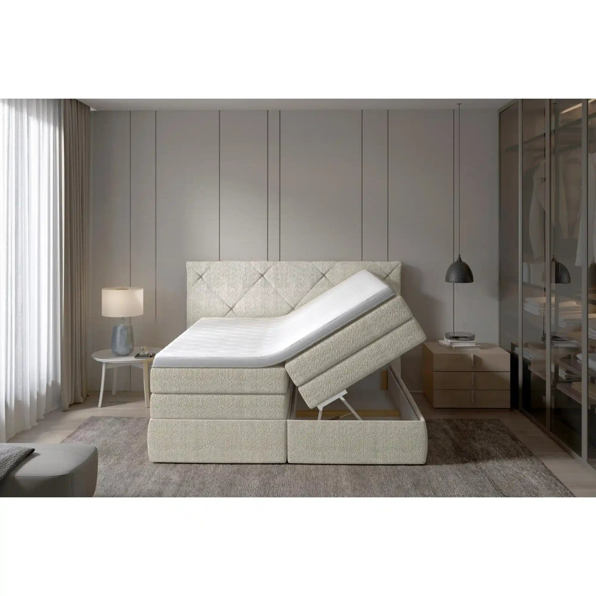 Pat boxspring LUNGO 160x200, personalizabil materiale Gama Premium, 2 lazi depozitare, cu saltele si topper