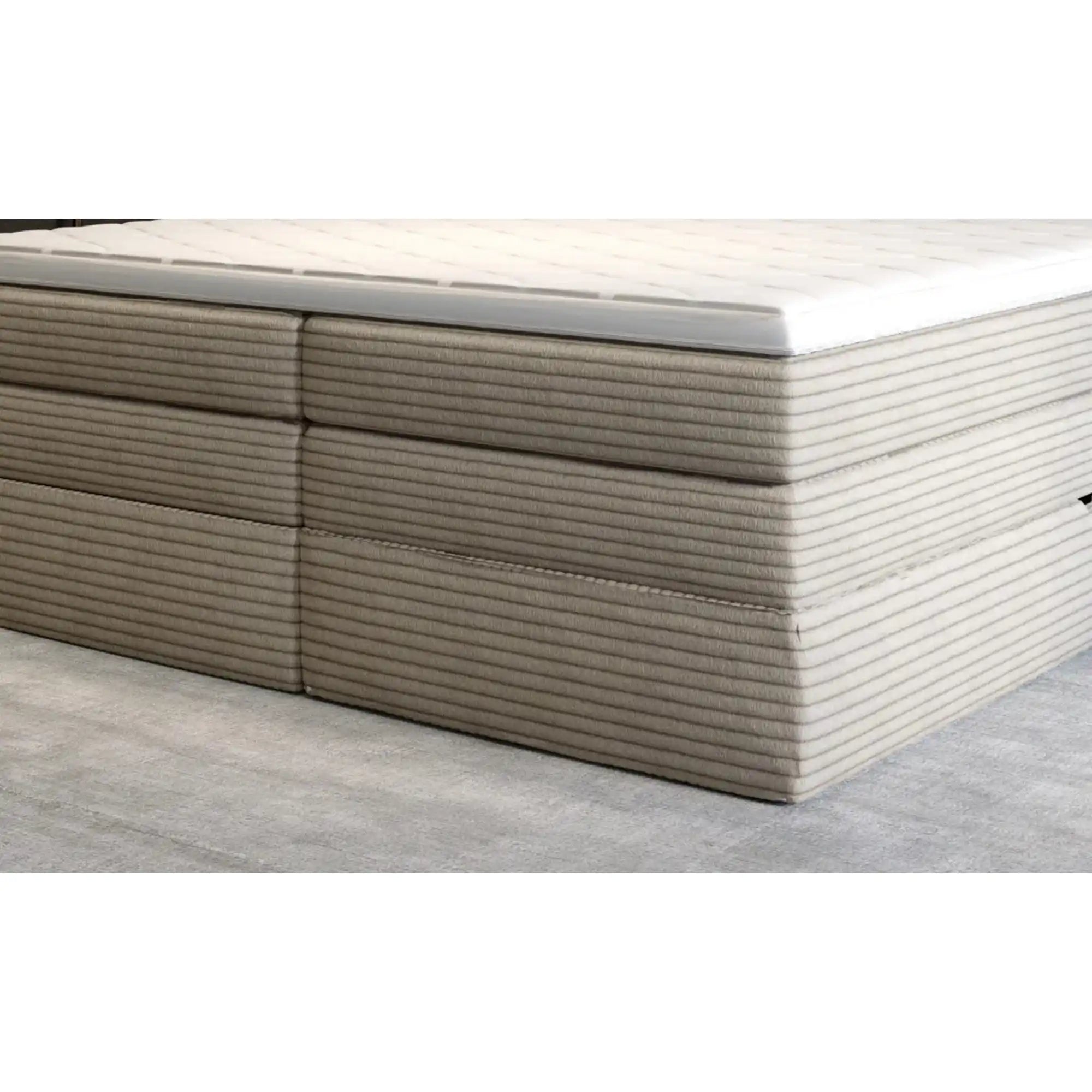 Pat boxspring MADDEN 140x200, personalizabil materiale Gama Premium, 2 lazi depozitare, cu saltele si topper
