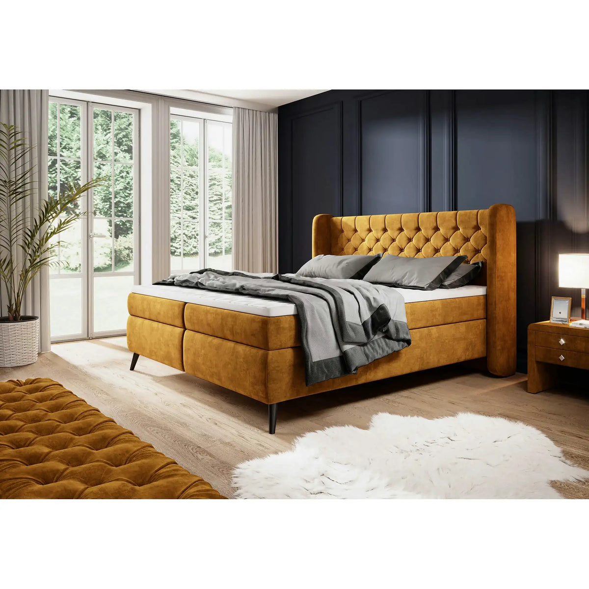 Pat boxspring MADISON 160x200, stofa gri - Salvador 14, cu saltele si topper