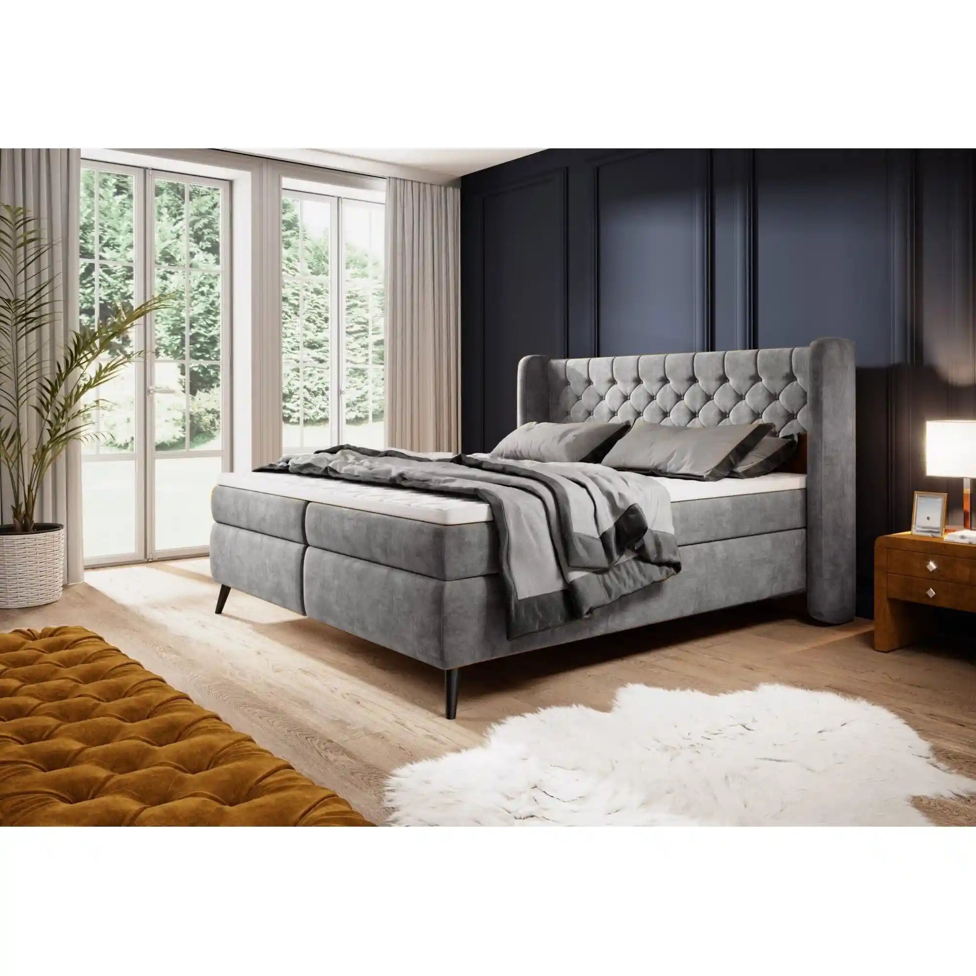 Pat boxspring MADISON 160x200, stofa gri - Salvador 14, Gama Premium, cu saltele si topper