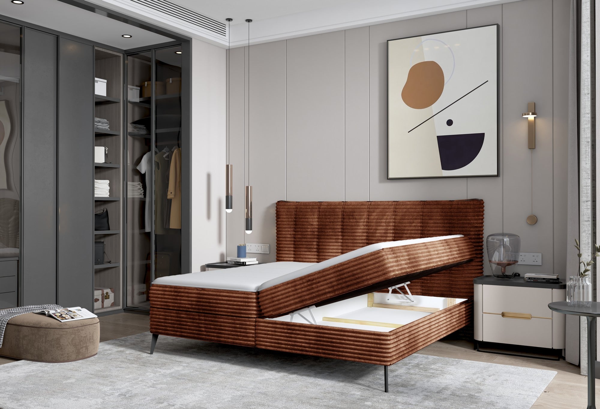 Pat boxspring MARTINA 180x200, personalizabil materiale Gama Oferta Avantaj, cu saltea, topper si lada depozitare