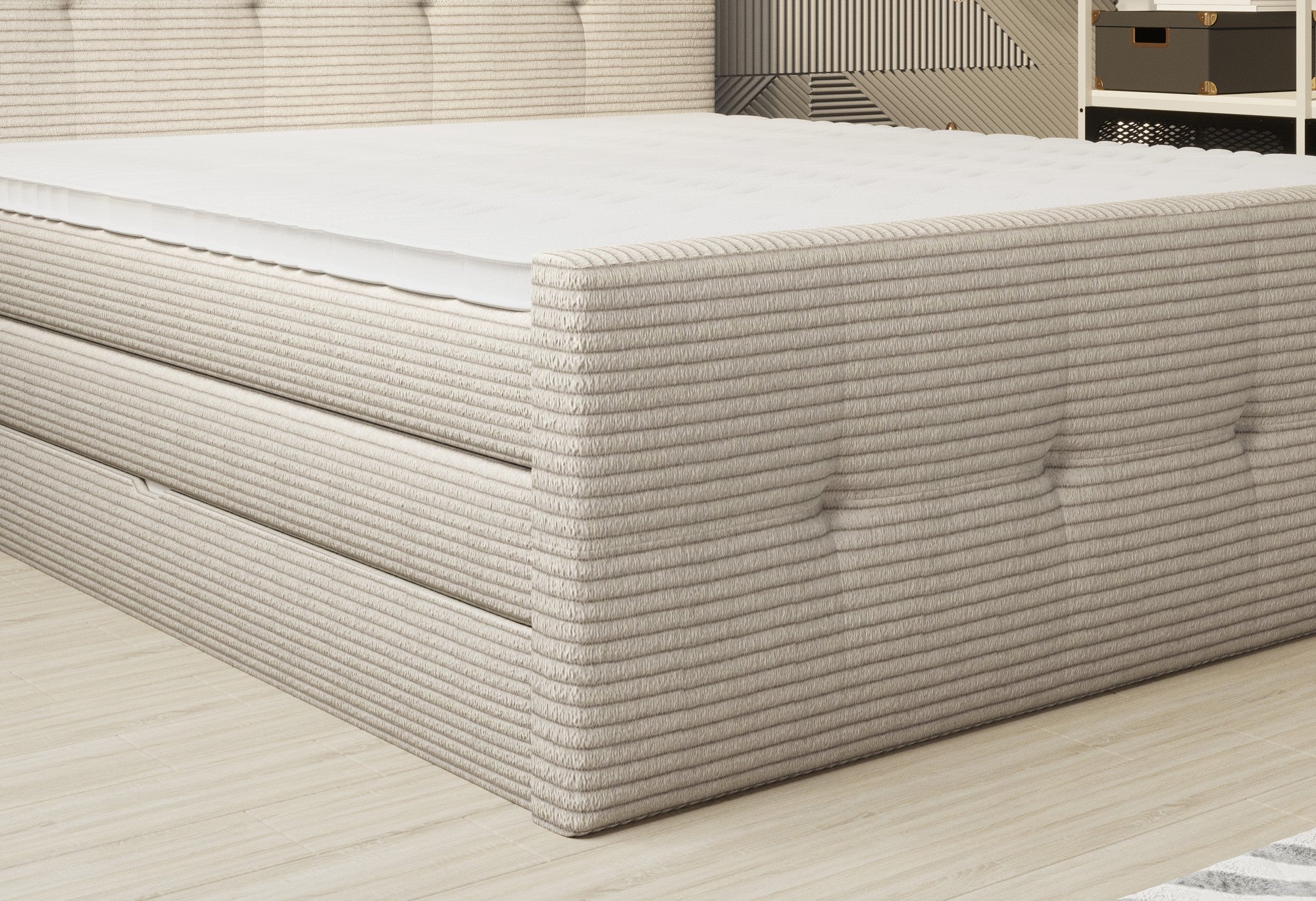 Pat boxspring MEDINO 160x200, personalizabil materiale gama Oferta Avantaj, cu saltele, topper si lada pentru depozitare