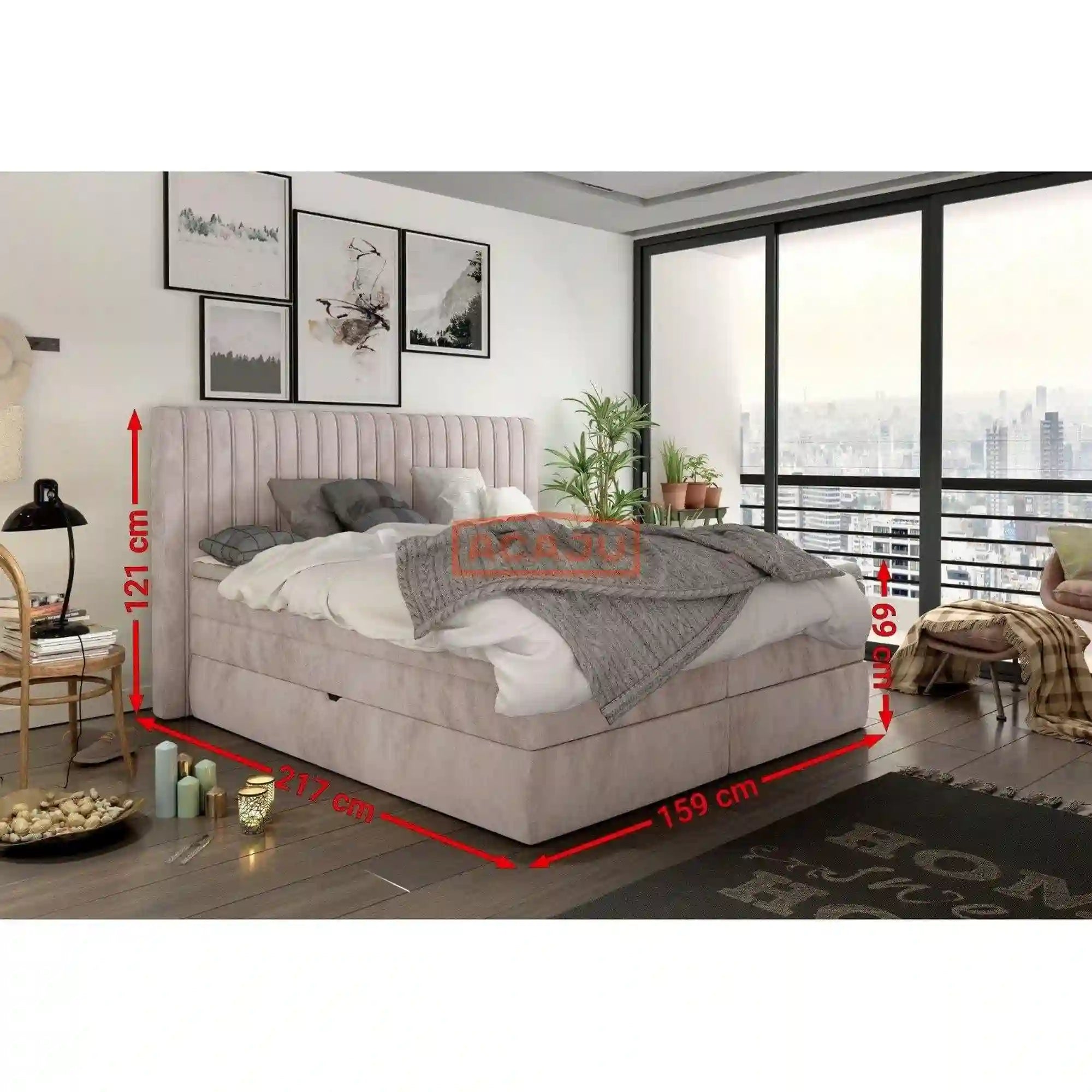Pat boxspring MINOLA 140x200, personalizabil materiale gama Premium, cu saltele, topper si 2 lazi pentru depozitare