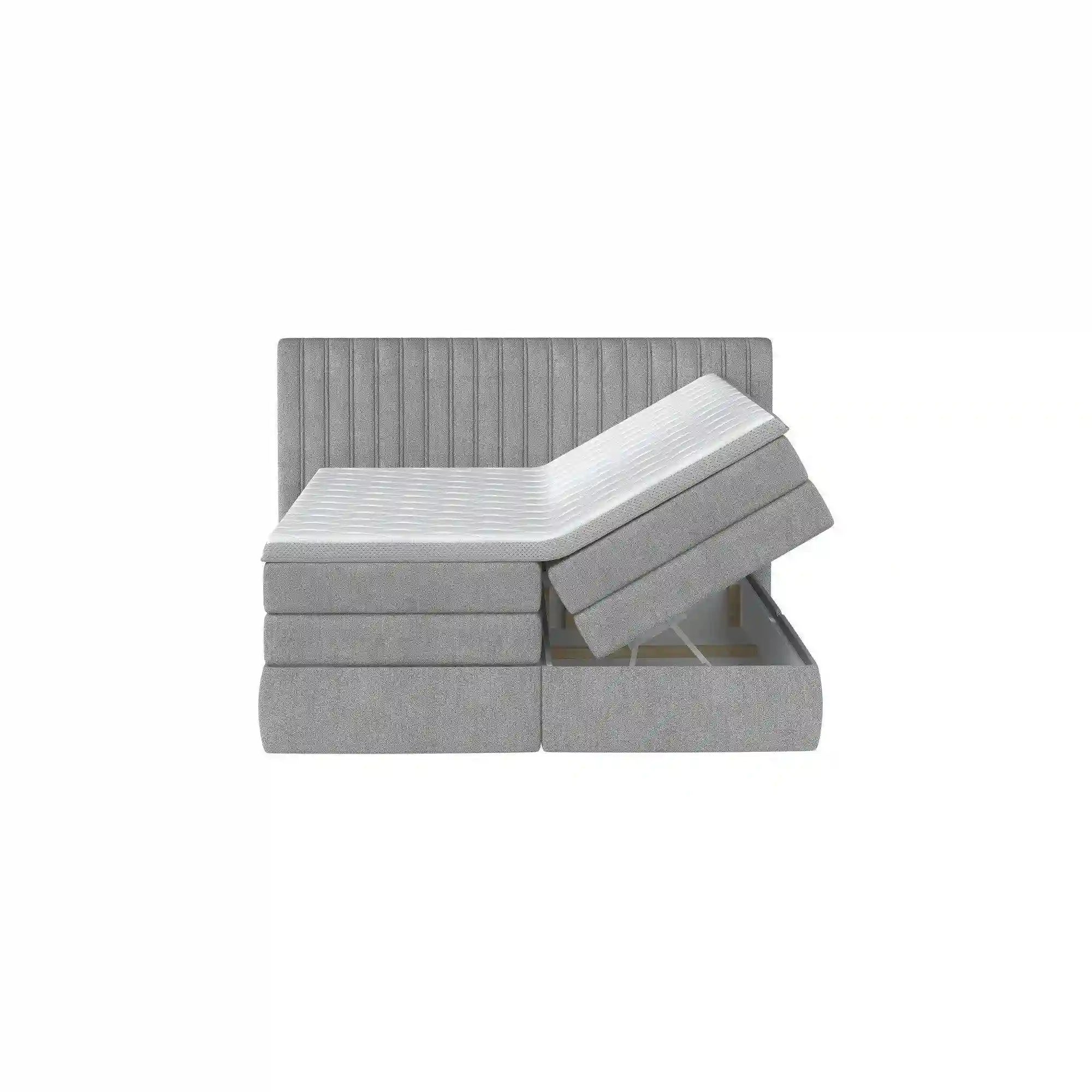 Pat boxspring MINOLA 140x200, stofa catifelata crem - Riviera 21, Gama Premium, cu saltele, topper si 2 lazi pentru depozitare