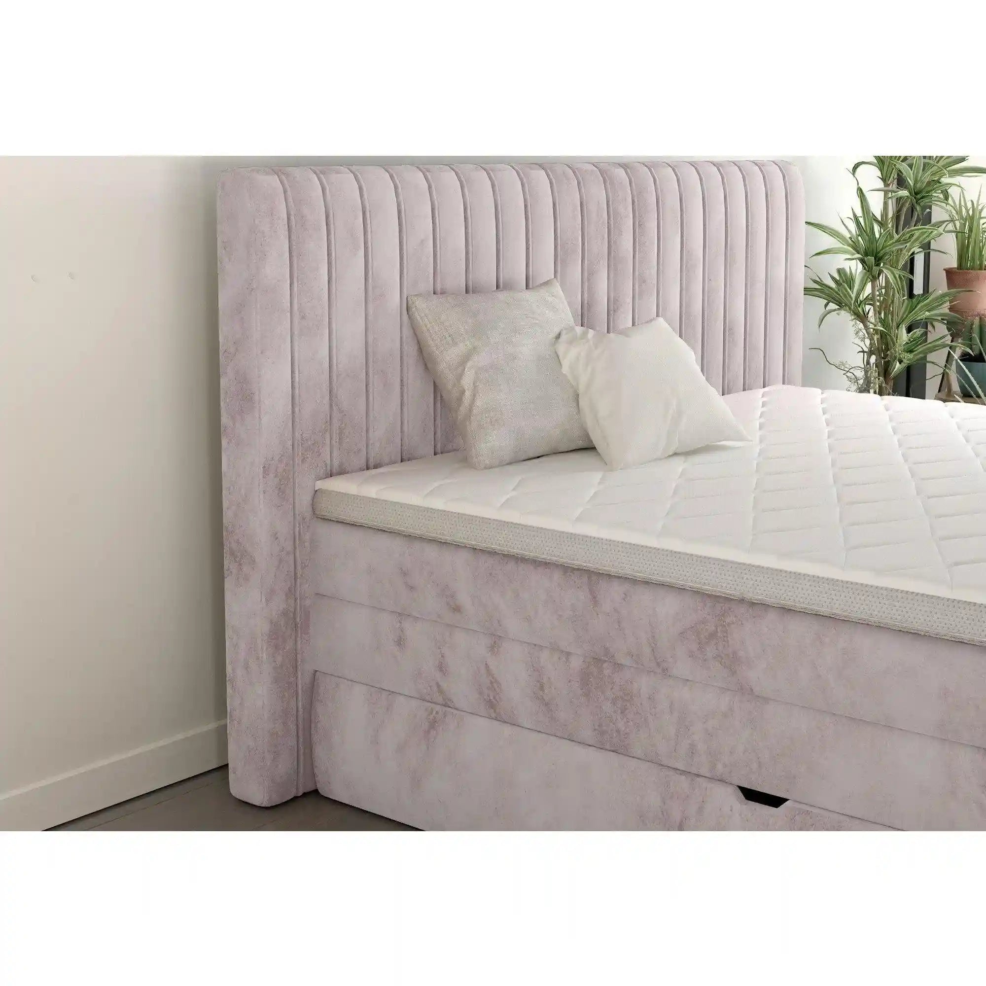 Pat boxspring MINOLA 140x200, stofa catifelata crem - Riviera 21, Gama Premium, cu saltele, topper si 2 lazi pentru depozitare